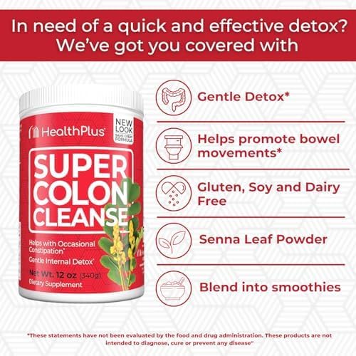 Health Plus Super Colon Cleanse, etiqueta clara con beneficios visibles