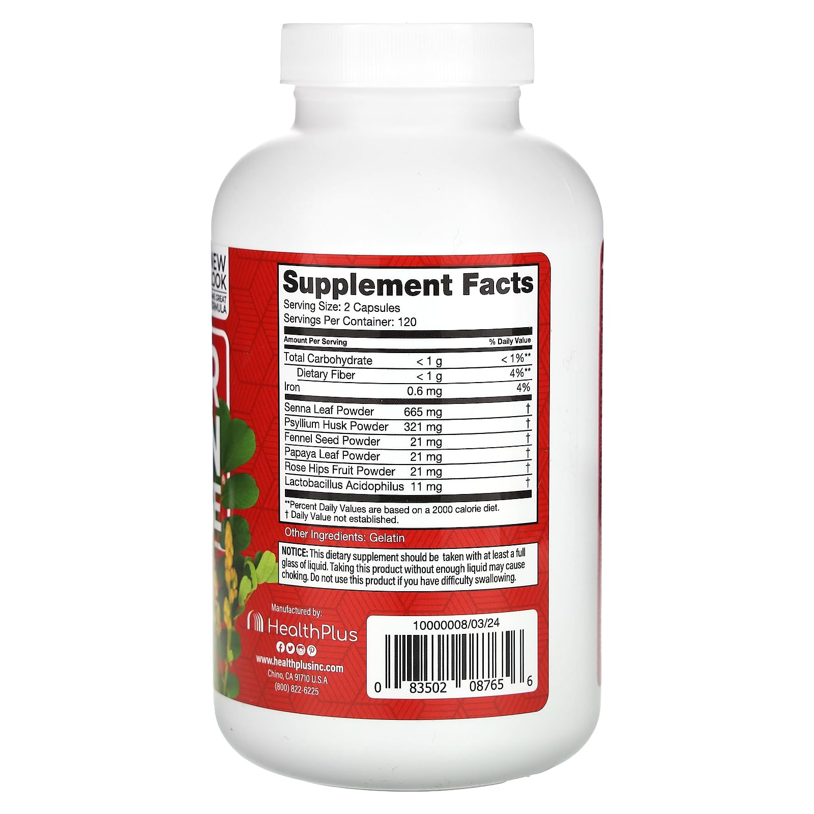 Health Plus Super Colon Cleanse: etiqueta de ingredientes destaca fibra y enzimas para la digestión
