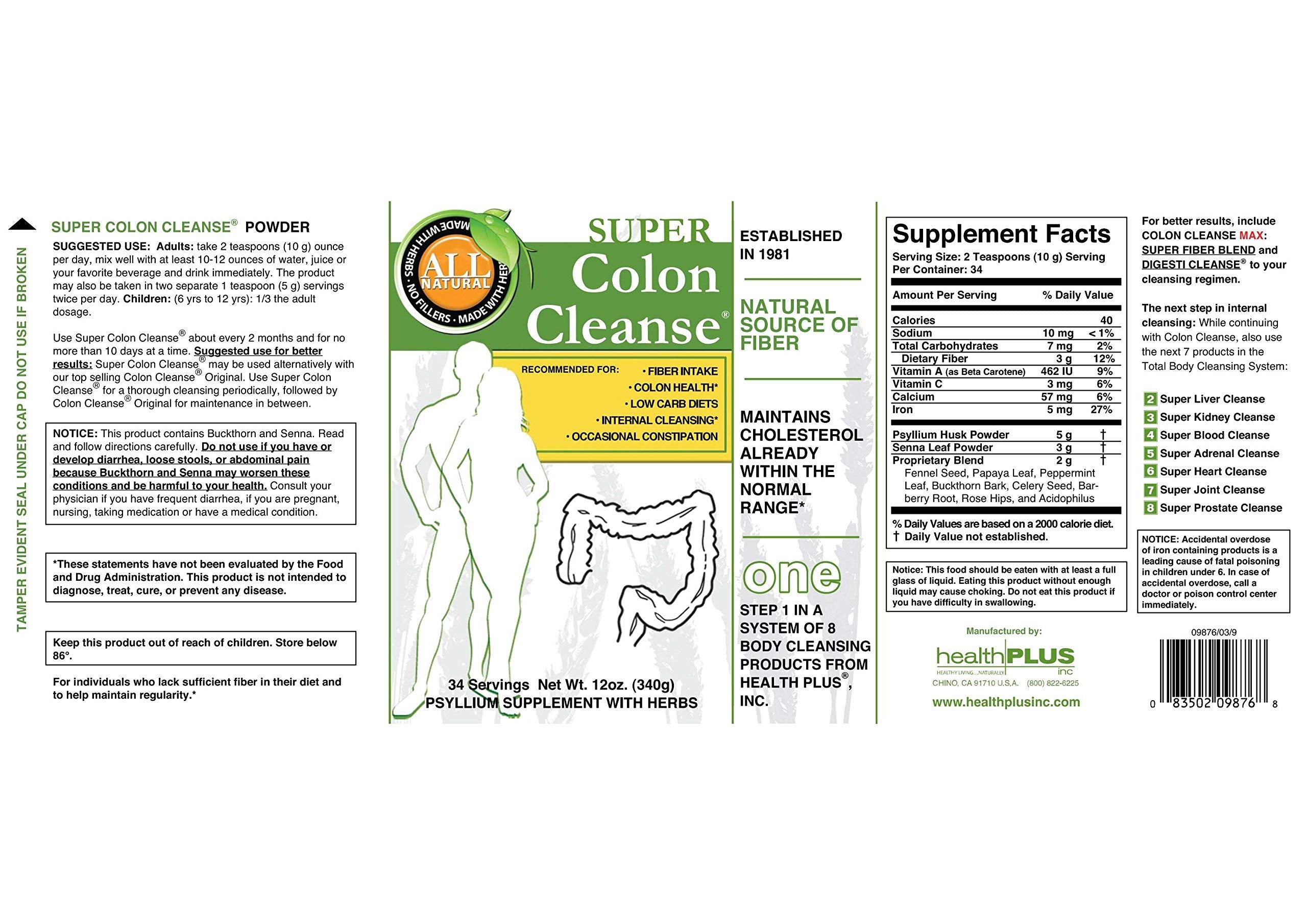Polvo de Health Plus Super Colon Cleanse listo para mezclar en agua.