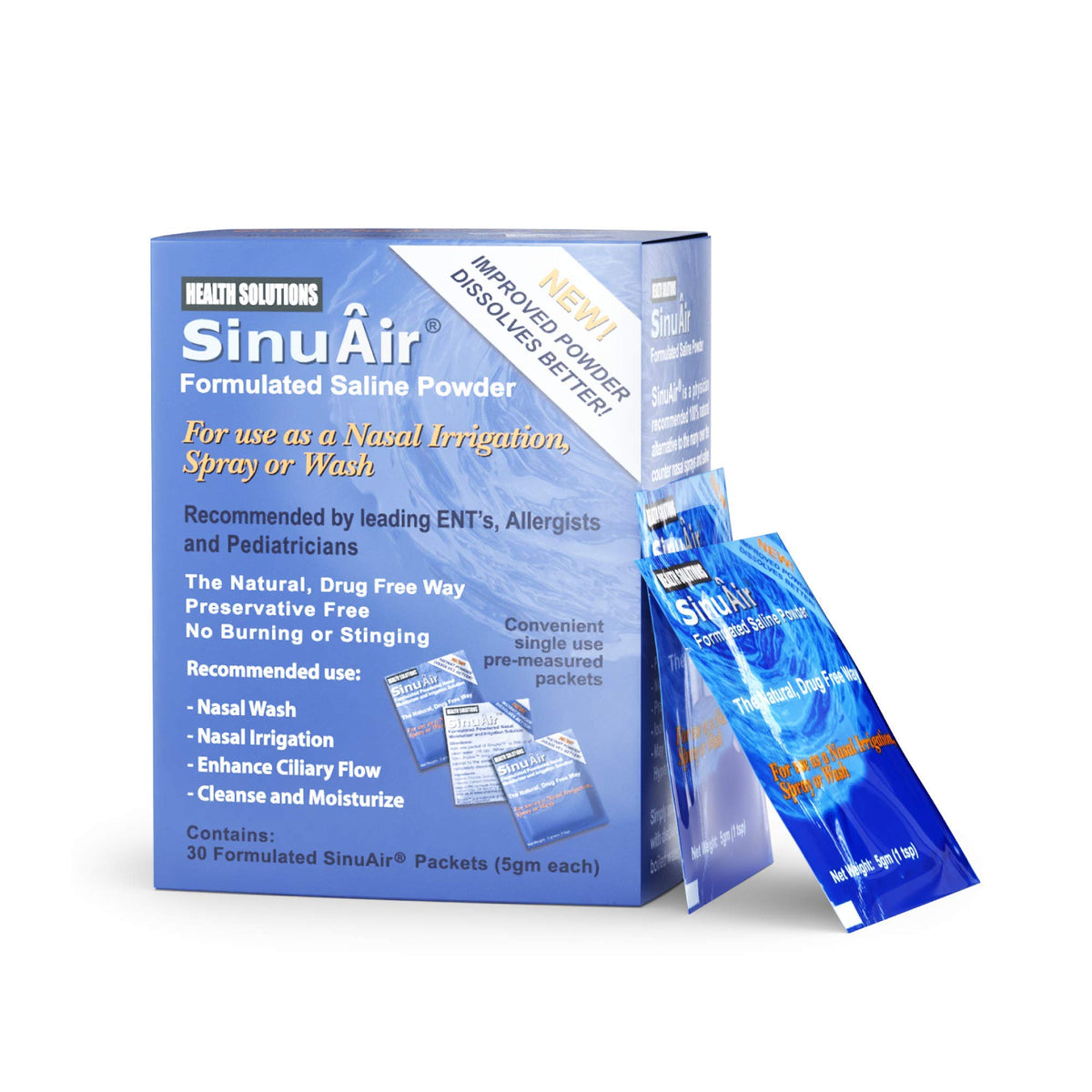 SinuAir muestra paquetes de limpieza nasal para uso diario y confort suave.