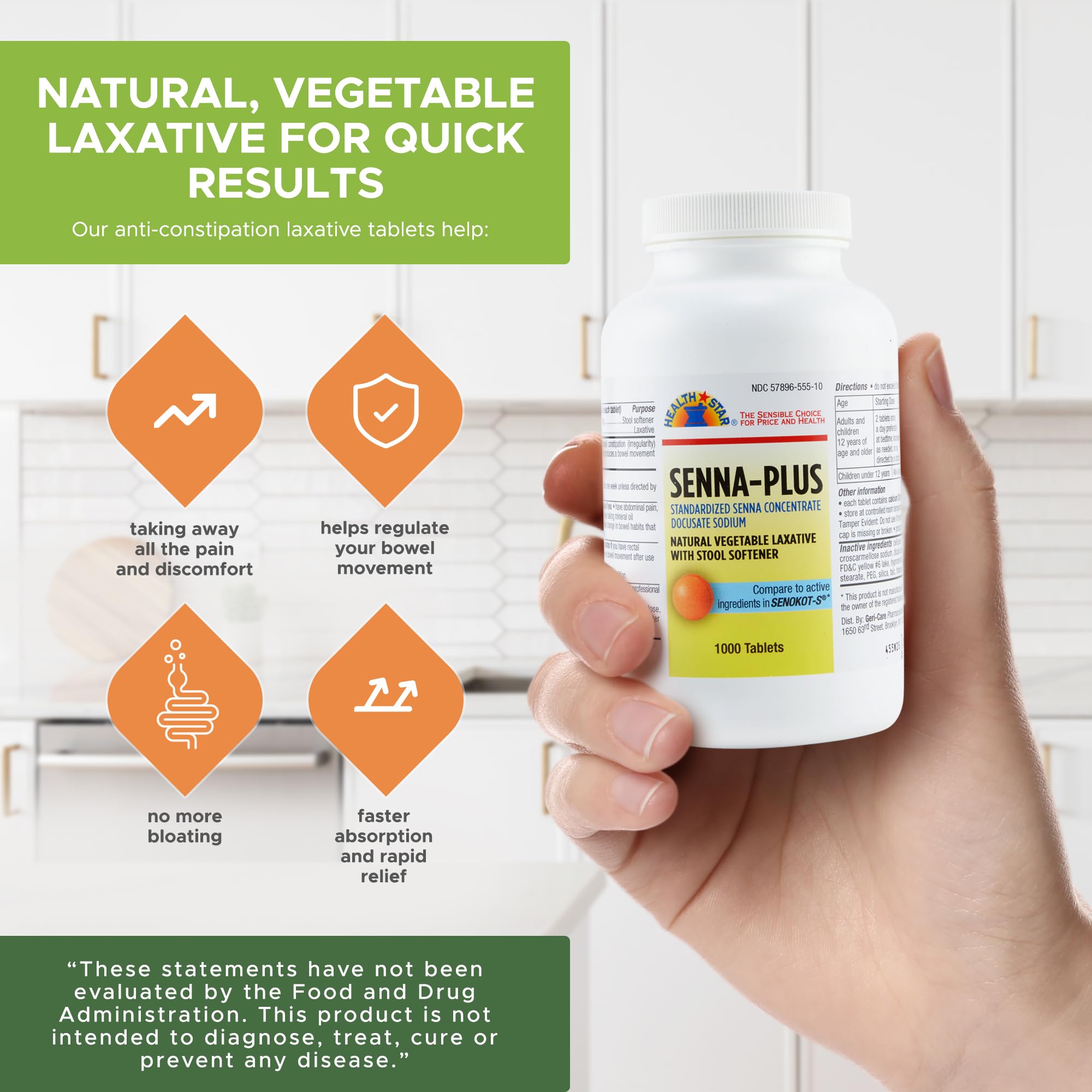 Health Star Senna Plus, caja, empaque seguro para almacenamiento.