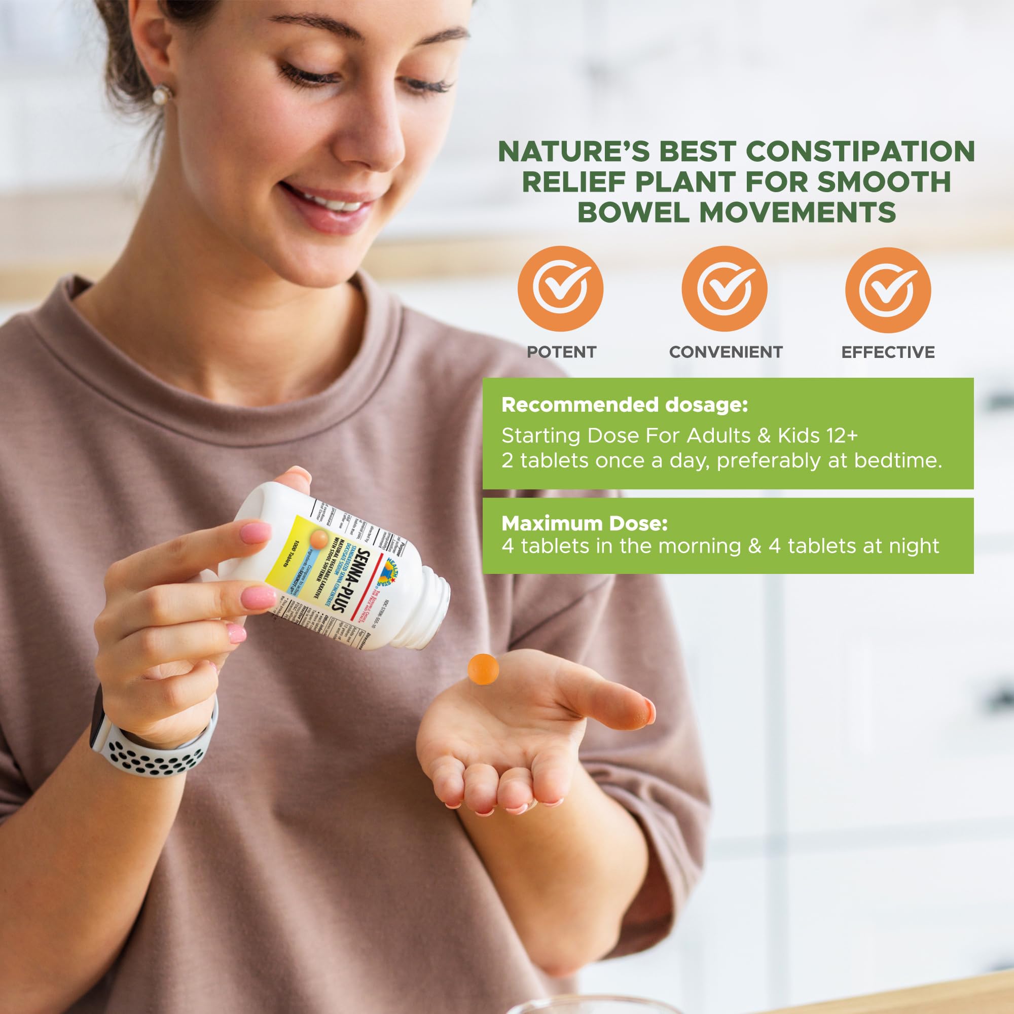 Health Star Senna Plus, guías de dosis, ayuda para la toma diaria.