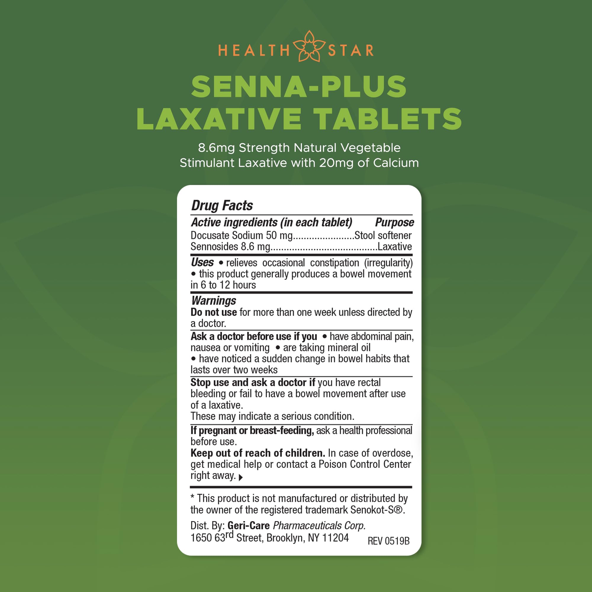 Health Star Senna Plus, tabletas aisladas, uso diario recomendado.
