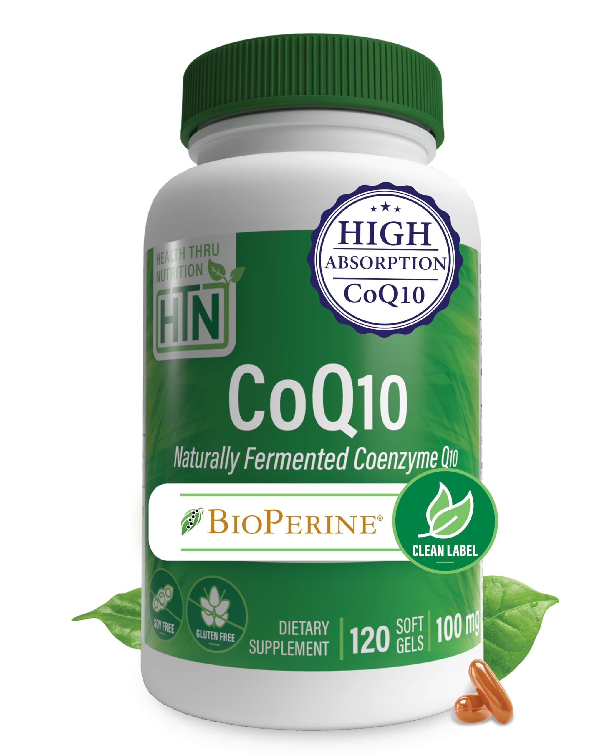 Health Thru Nutrition CoQ-10 envase frontal, cápsulas blandas fáciles de tomar para uso diario.