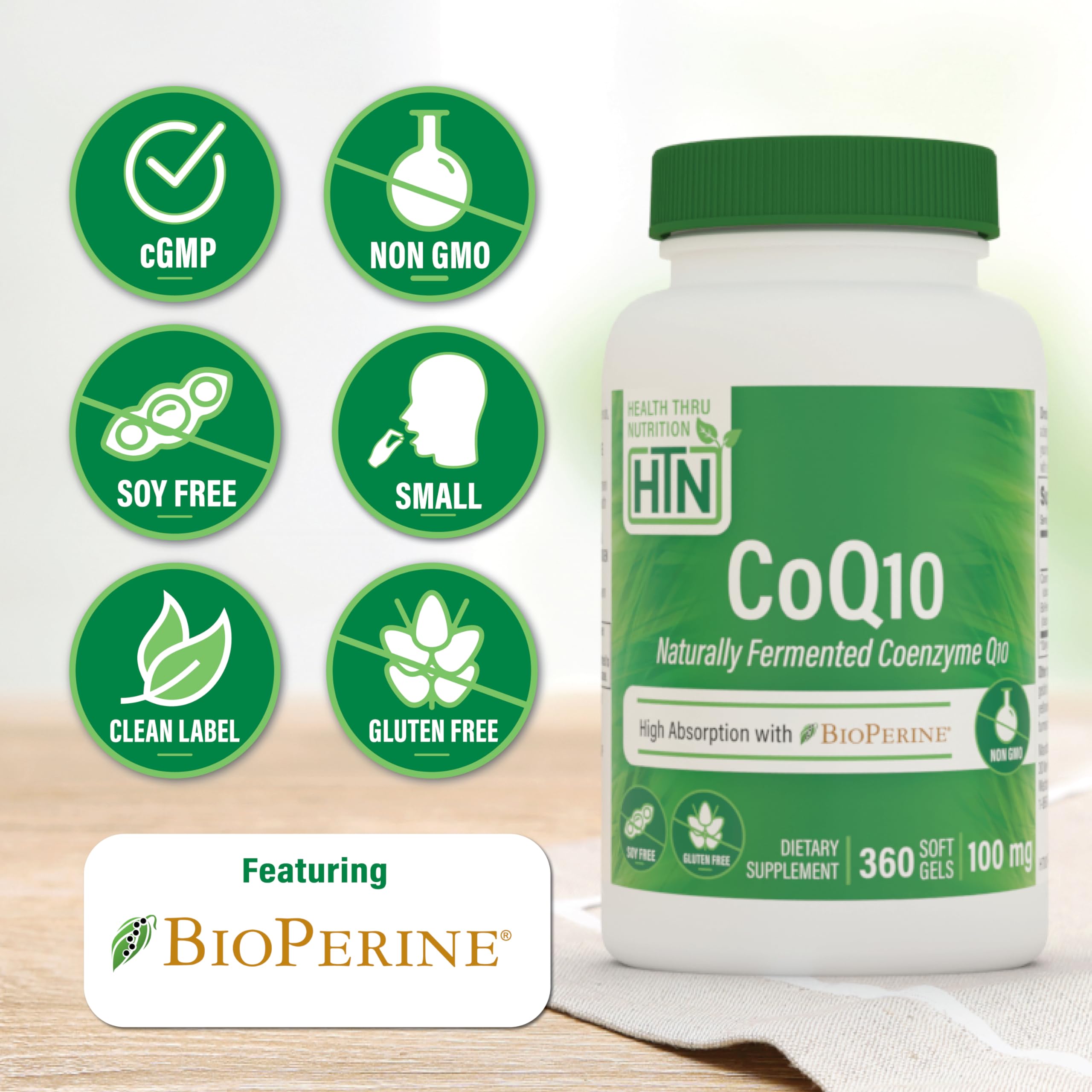 Health Thru Nutrition CoQ-10 100 mg con BioPerine, cápsulas suaves para uso diario