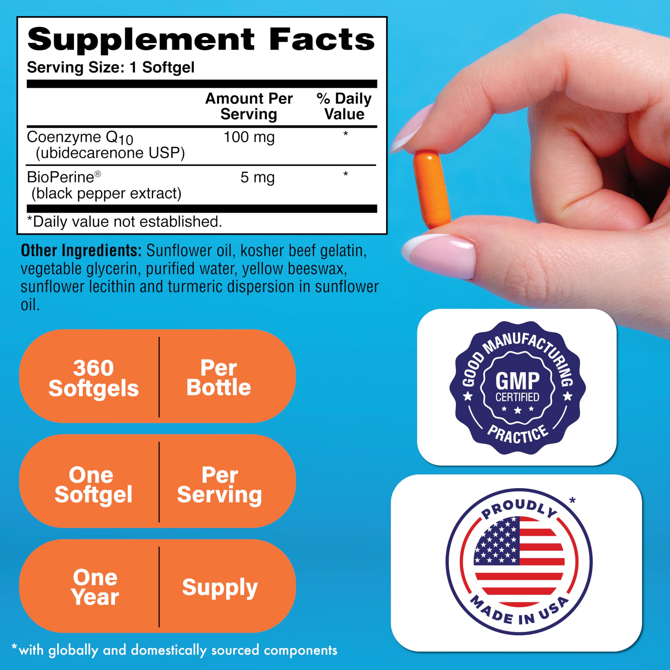 Health Thru Nutrition CoQ-10 100 mg con BioPerine, etiqueta frontal con datos de calidad