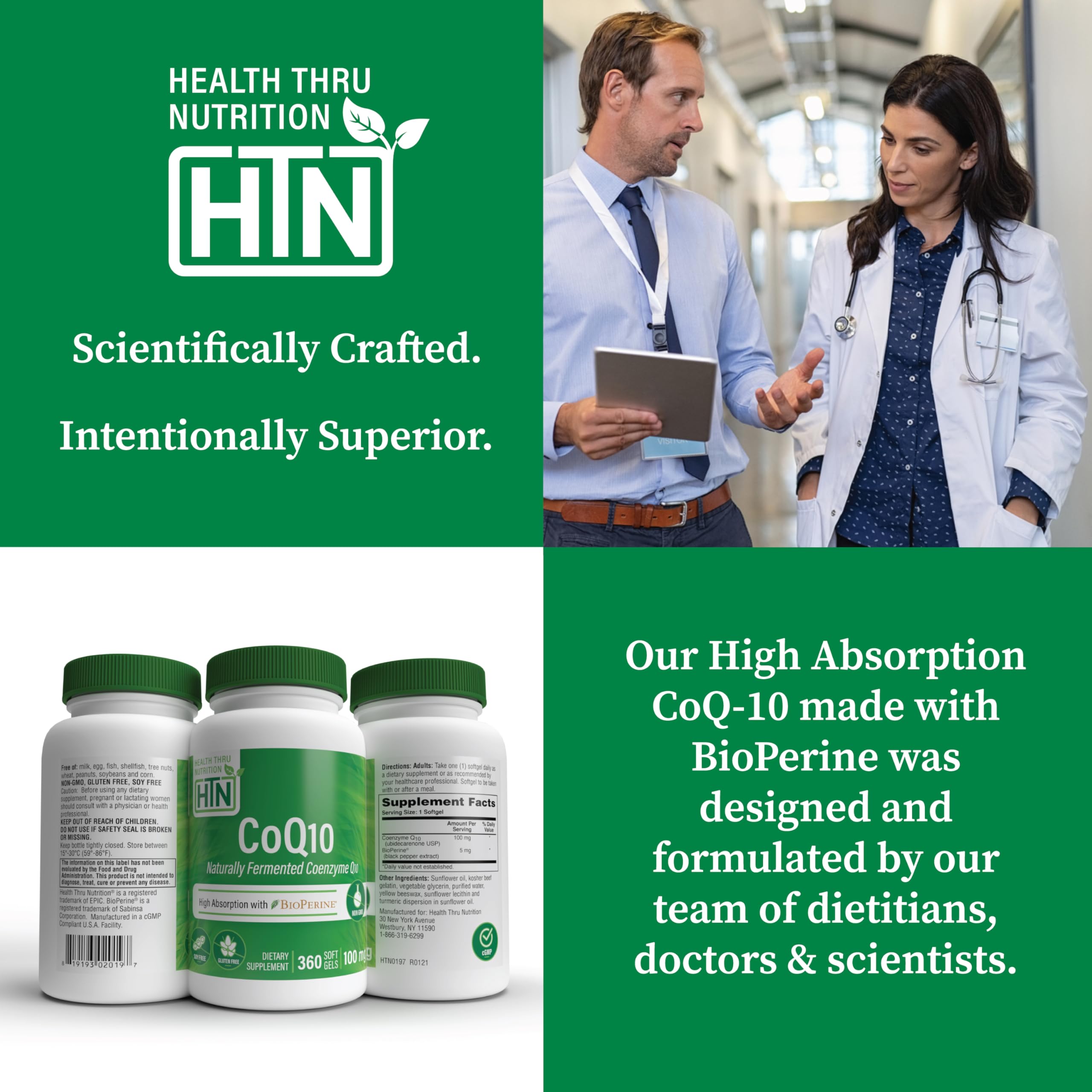Health Thru Nutrition CoQ-10 100 mg con BioPerine, envase de 360 cápsulas para conveniencia