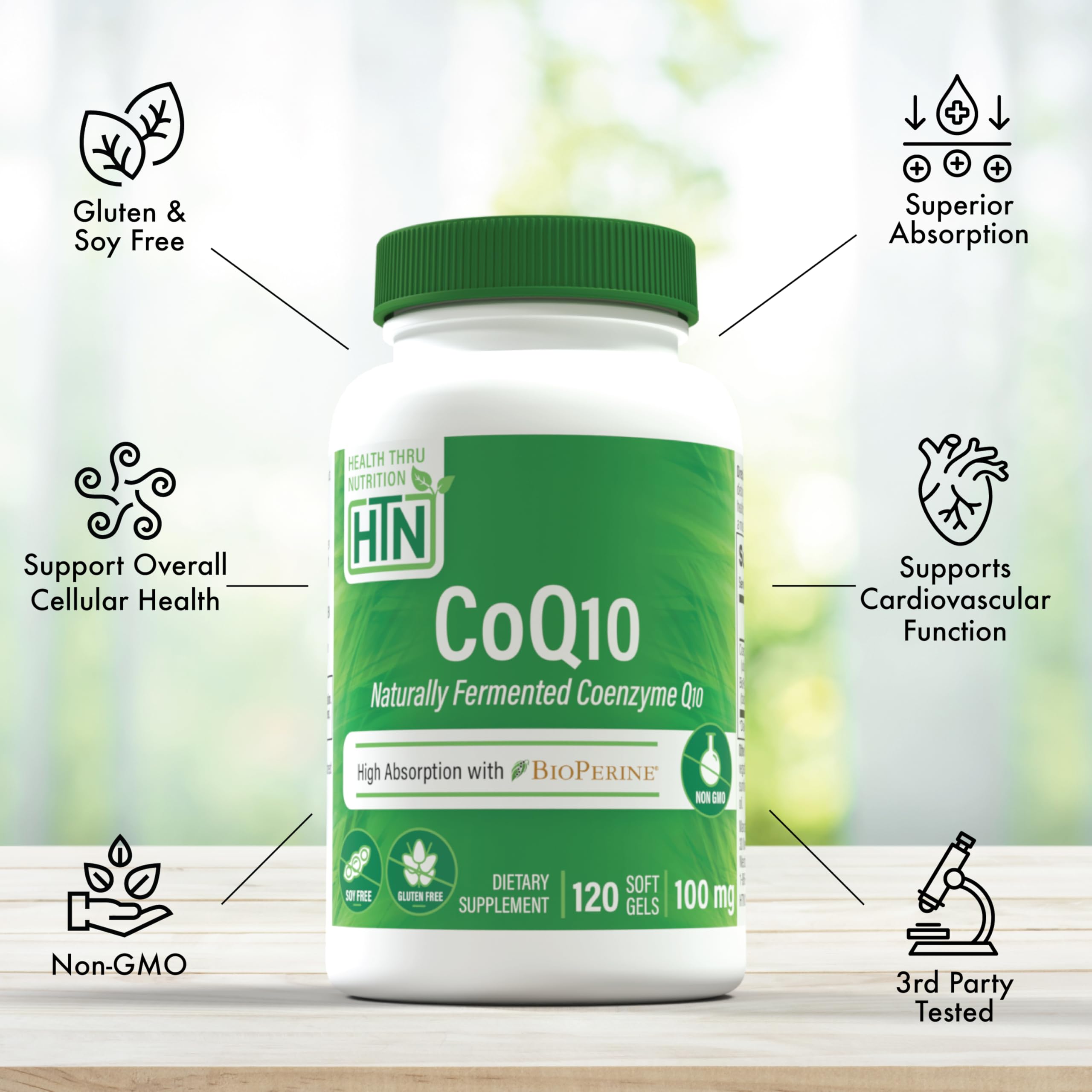 Health Thru Nutrition CoQ-10 ingredientes clave con BioPerine para mejor biodisponibilidad.