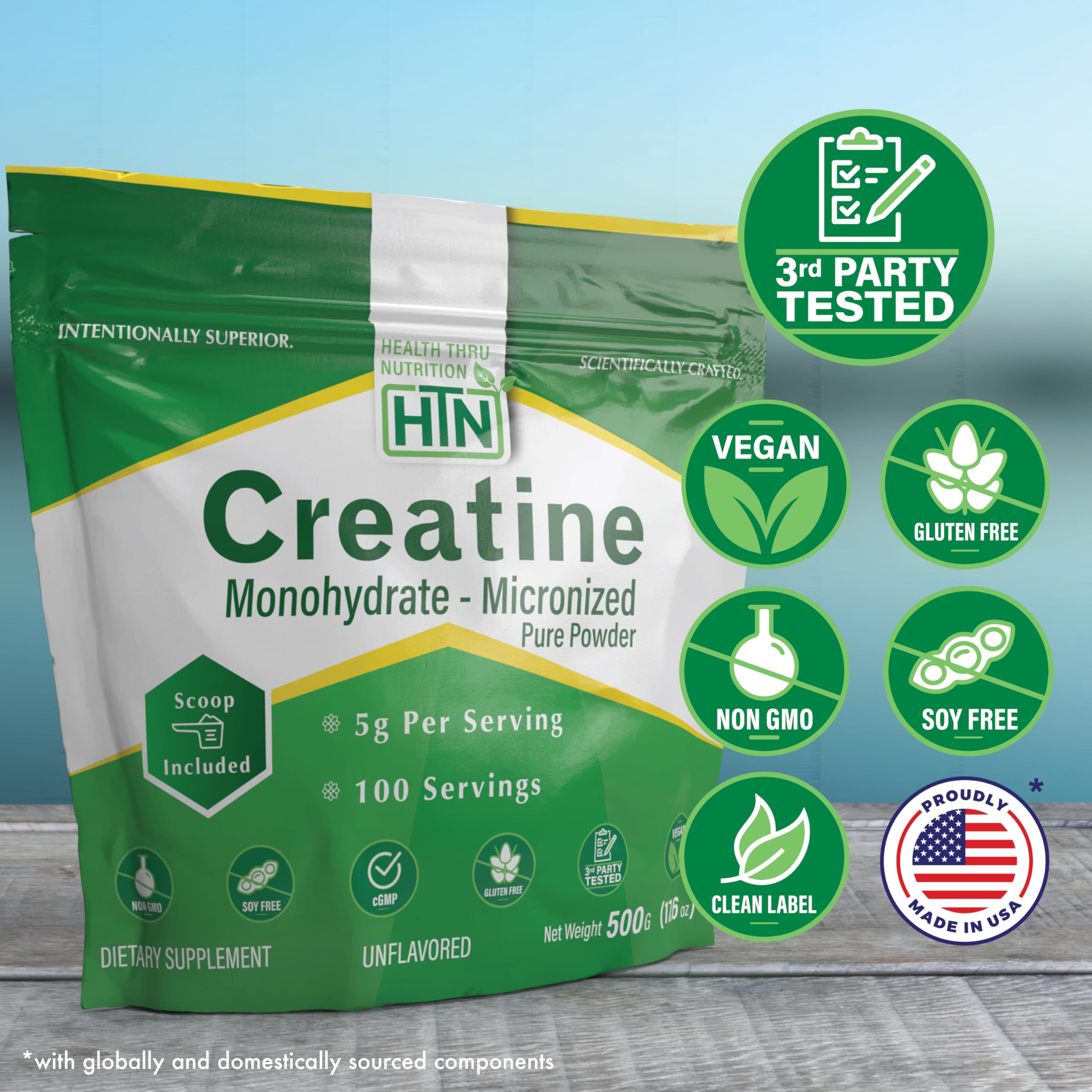 Health Thru Nutrition Creatina Monohidratada Micronizada, cuchara incluida, dosis diaria cómoda