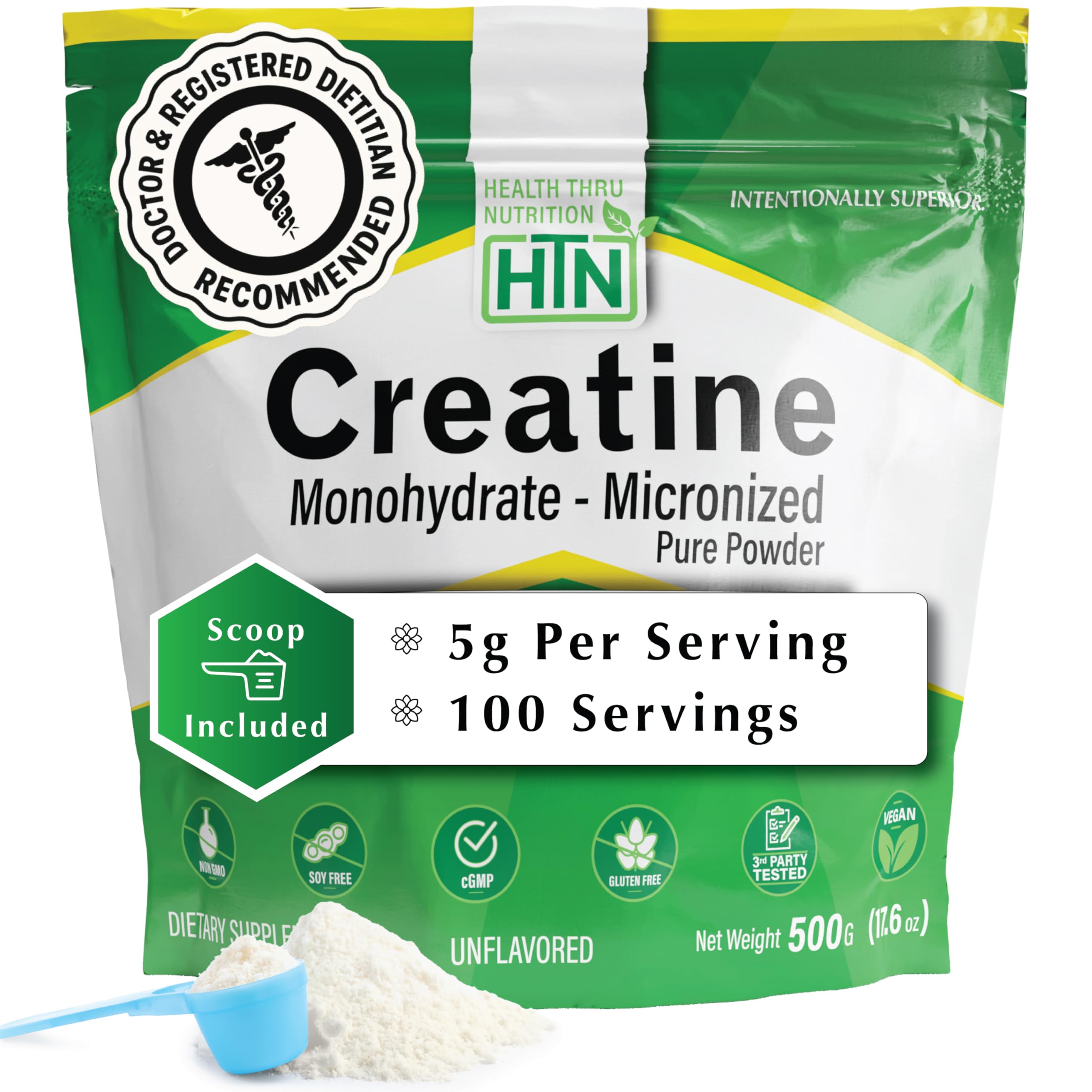 Health Thru Nutrition Creatina Monohidratada Micronizada, pote 500 g, energía sostenida para entrenos