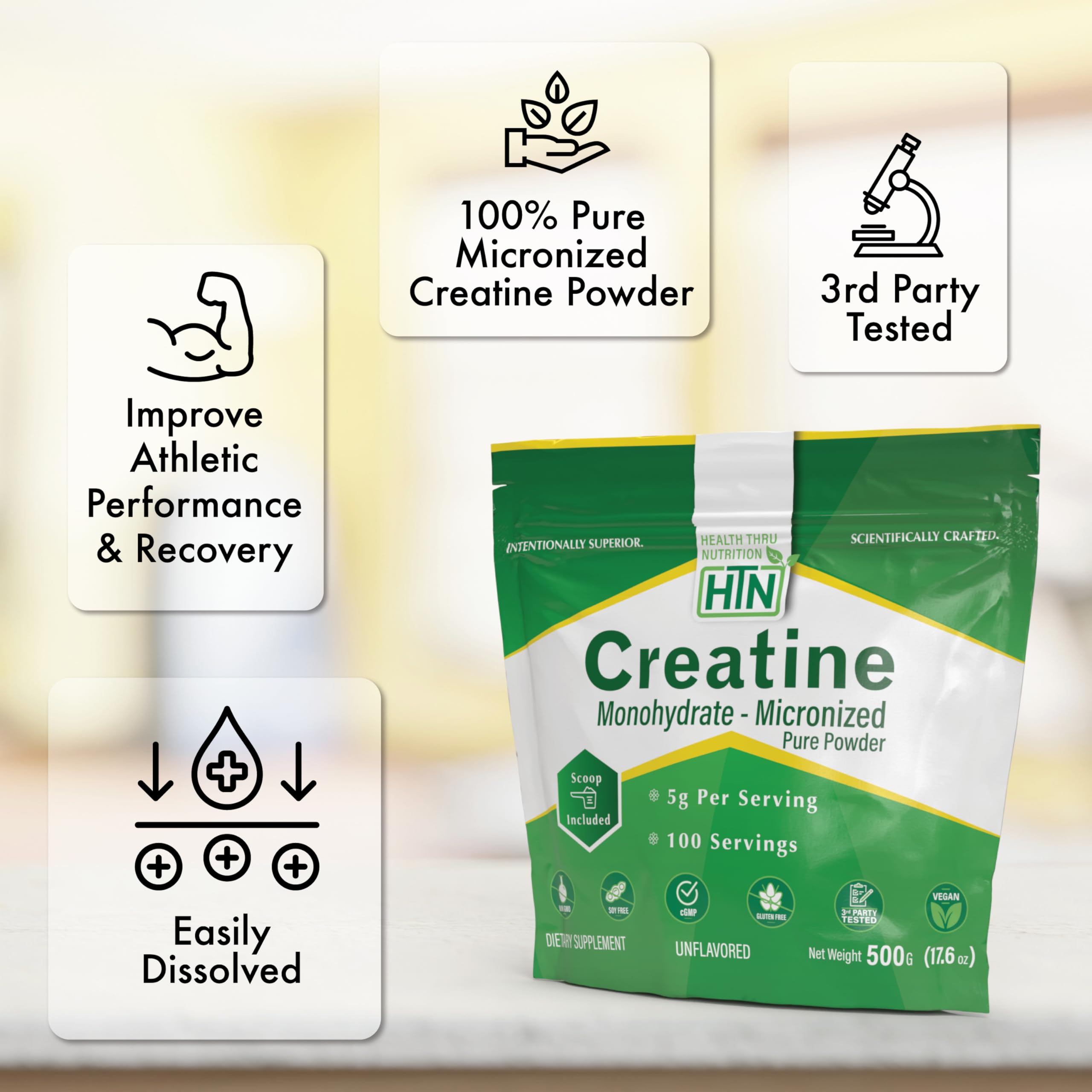 Health Thru Nutrition Creatina Monohidratada Micronizada, textura ultrafina, disolución suave en bebidas
