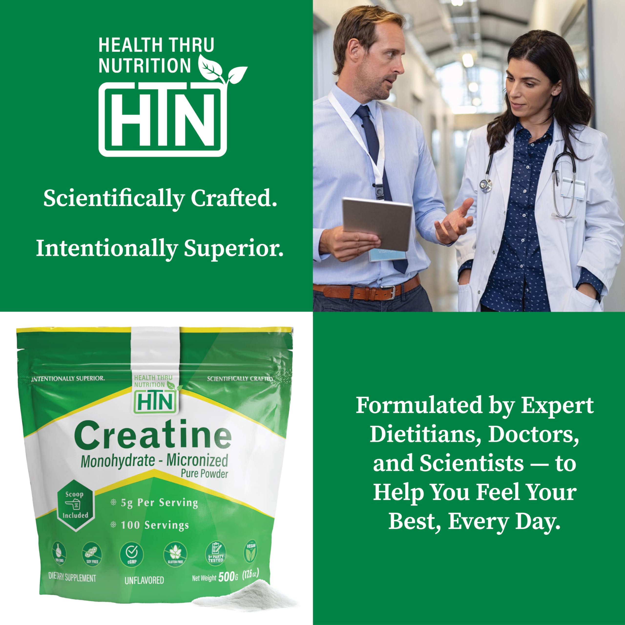 Health Thru Nutrition Creatina Monohidratada Micronizada, opción vegana, sin ogm para uso diario