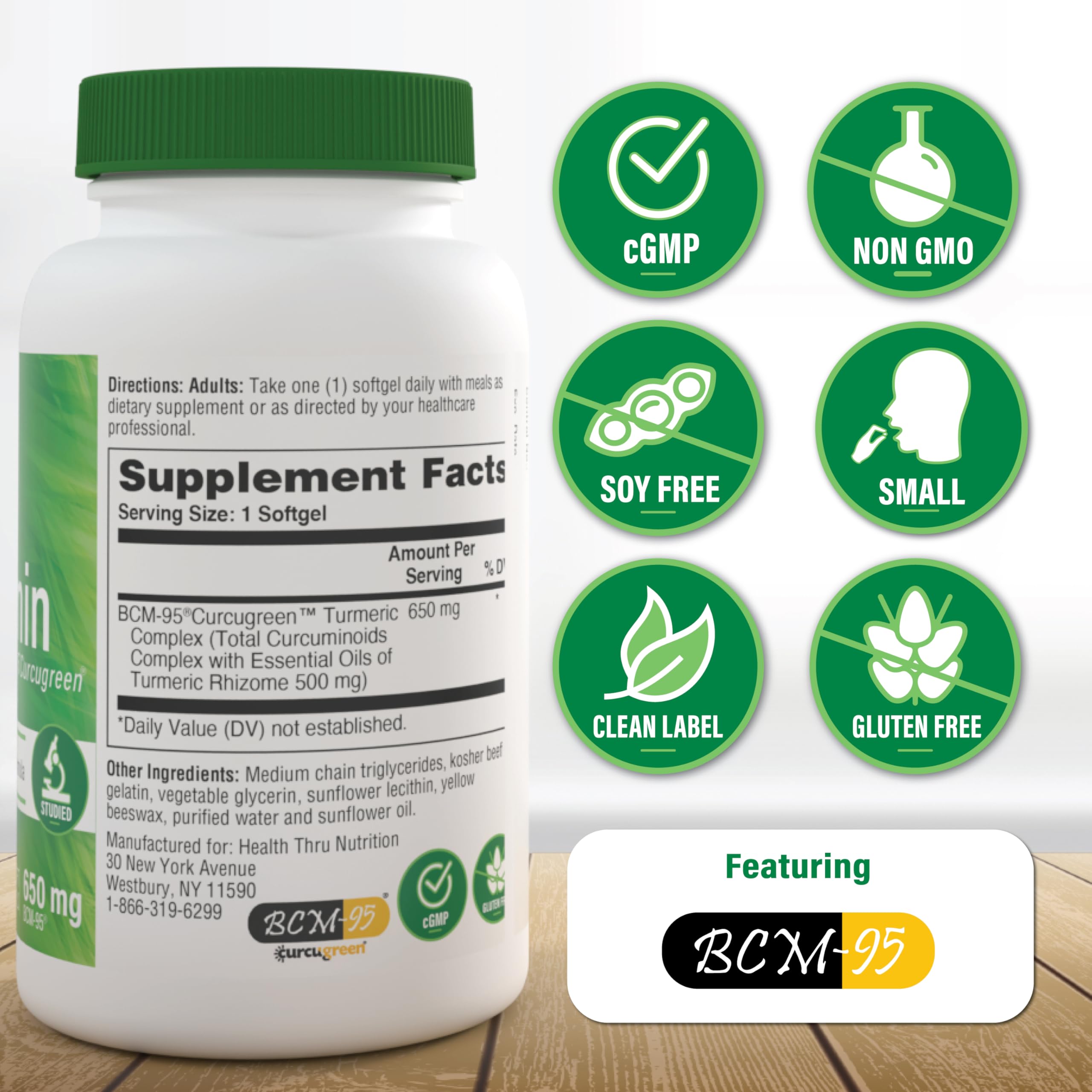 Health Thru Nutrition Curcugreen: etiqueta frontal destacando BCM-95 y fórmula avanzada