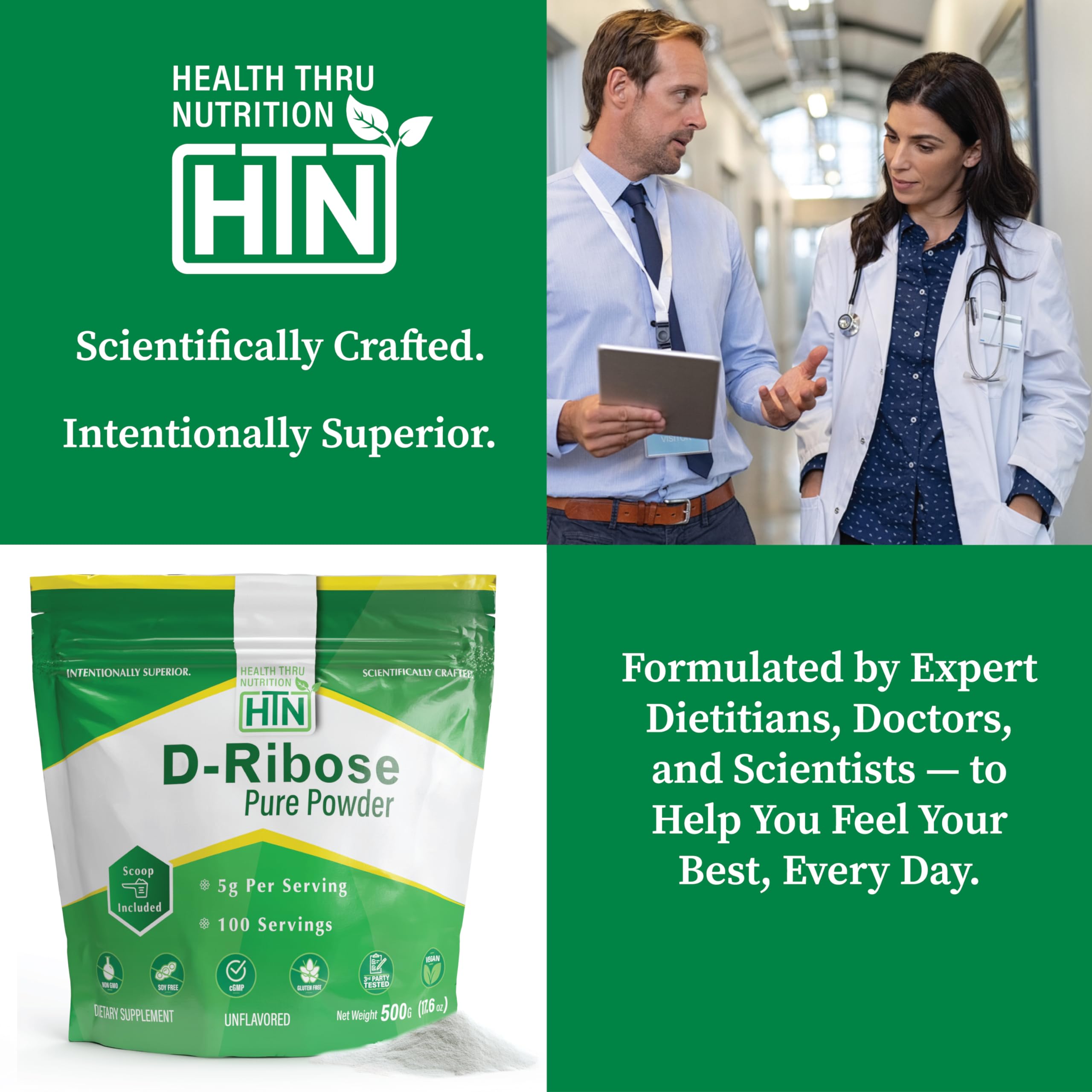 Envase de 500 g de D-Ribosa Health Thru Nutrition.