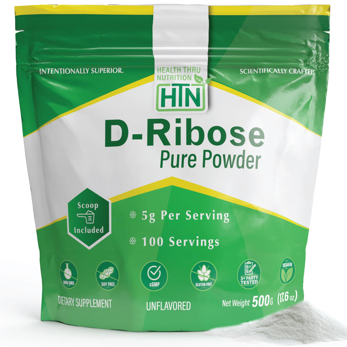 Health Thru Nutrition D-Ribosa en polvo, 500 g, para apoyo de energía celular.