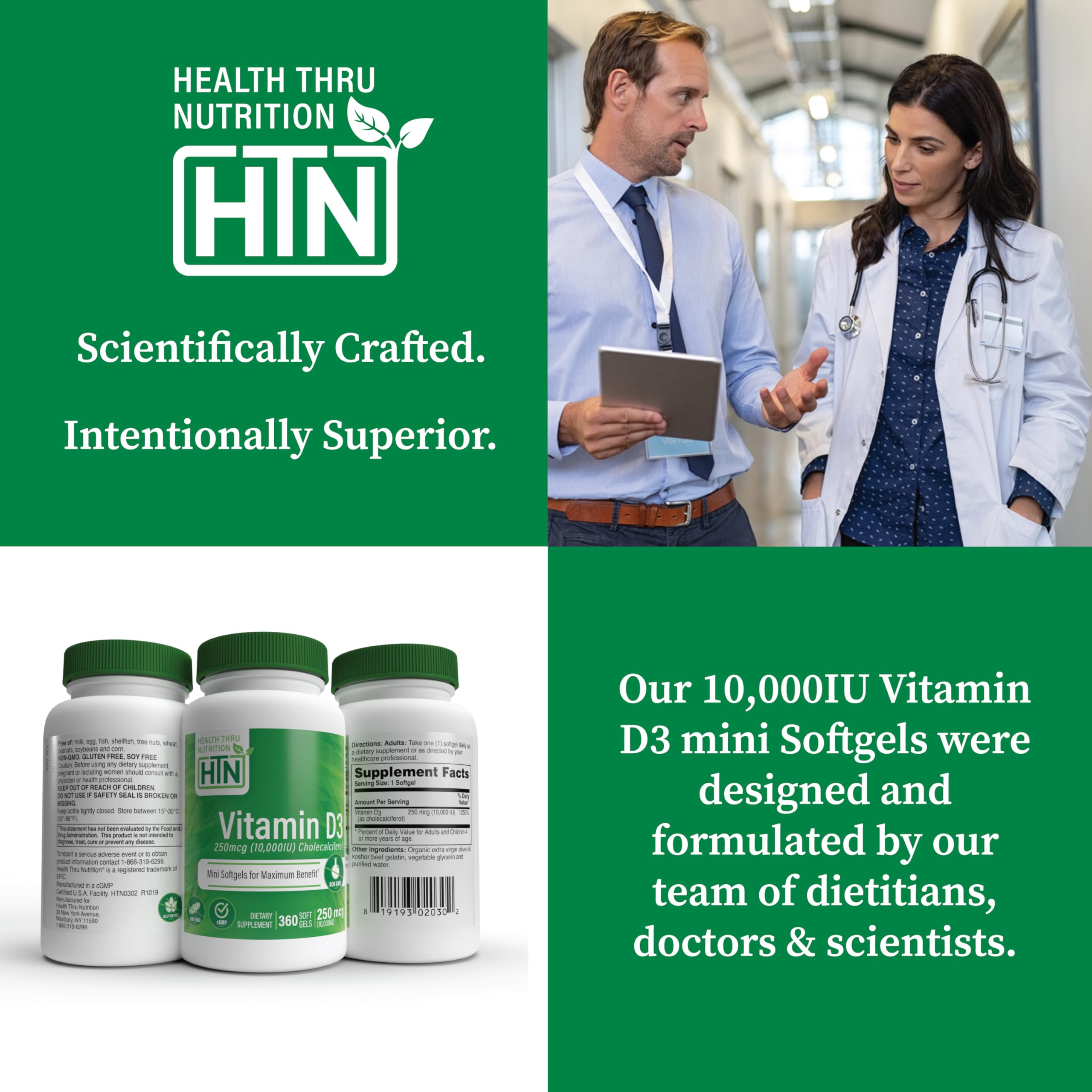 Health Thru Nutrition empaque muestra botella y 360 cápsulas para suministro anual.