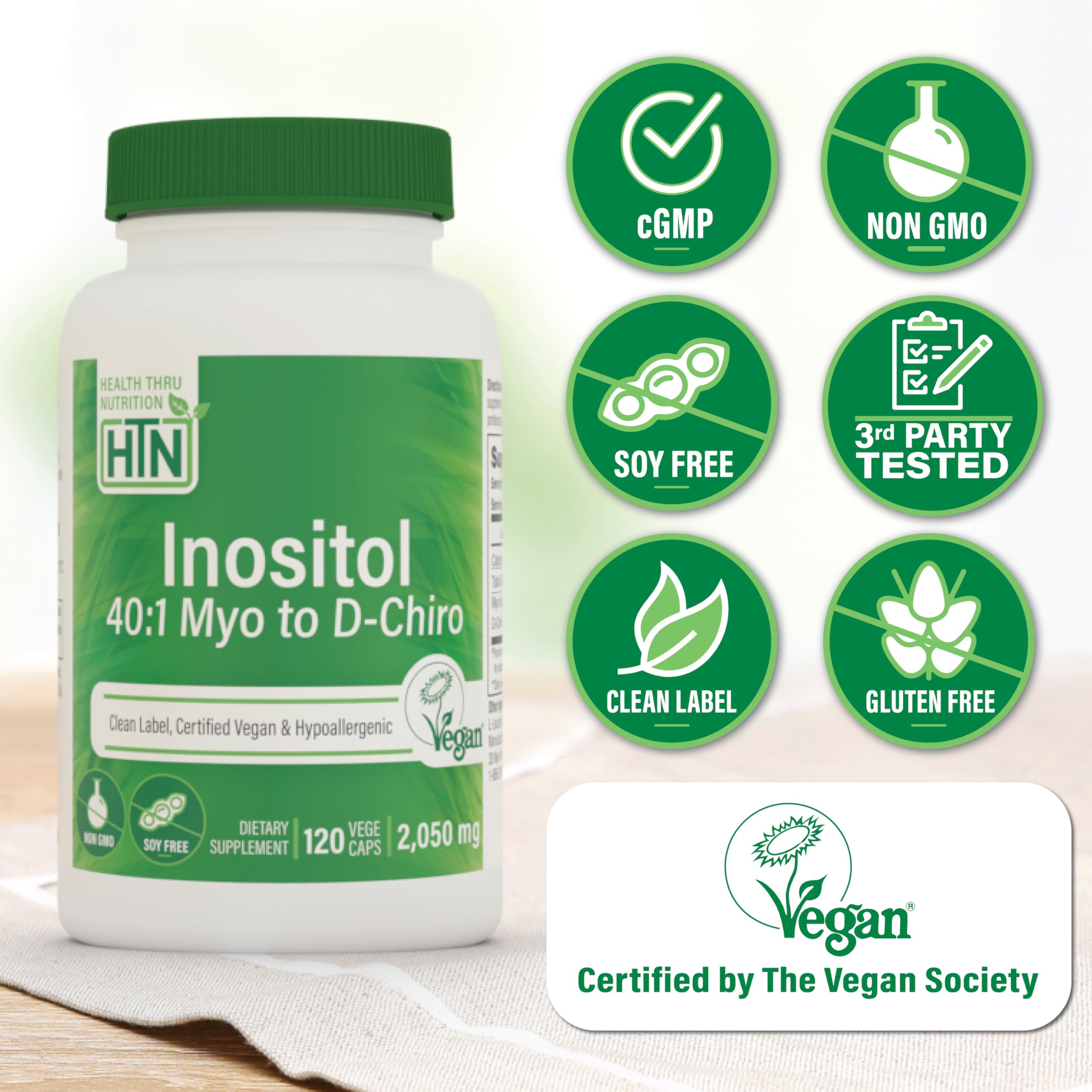 Health Thru Nutrition Inositol, cápsulas fáciles de tragar, dosis diaria conveniente.