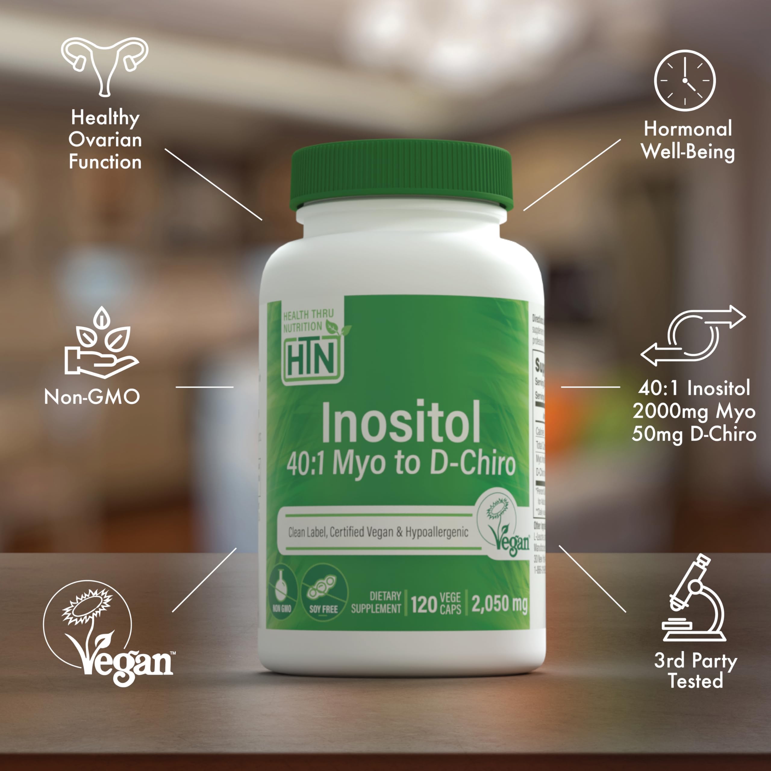Health Thru Nutrition Inositol, porción de 2050 mg, uso diario práctico.