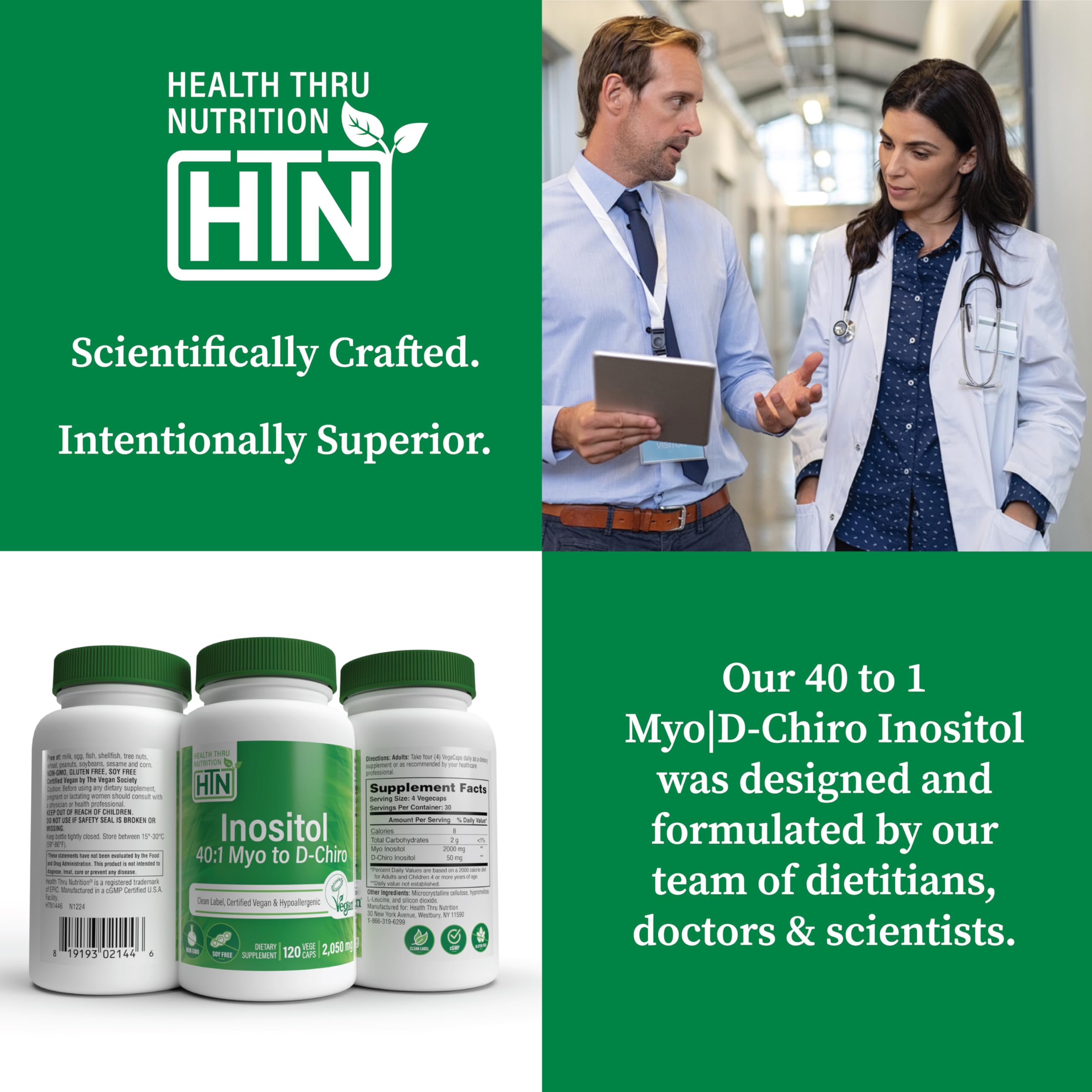 Health Thru Nutrition Inositol, certificado vegano y libre de OGM, fórmula limpia.