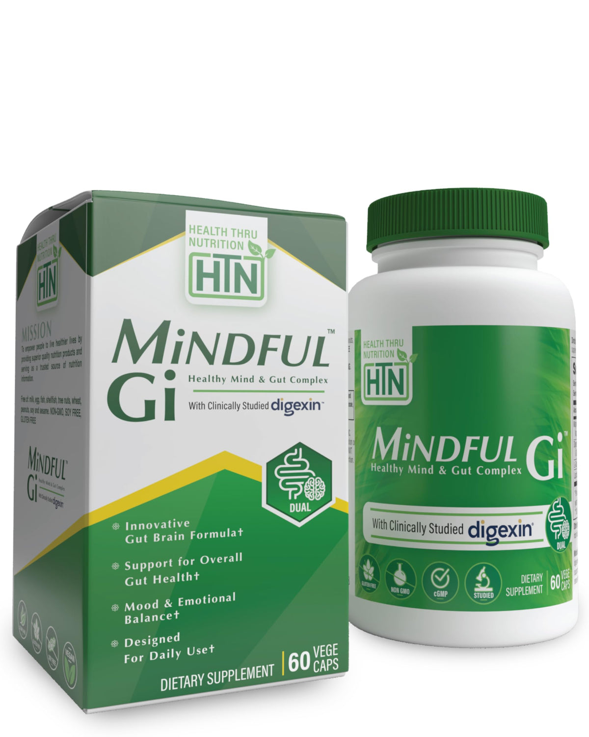 Health Thru Nutrition Mindful GI caja del producto para apoyo digestivo y bienestar.