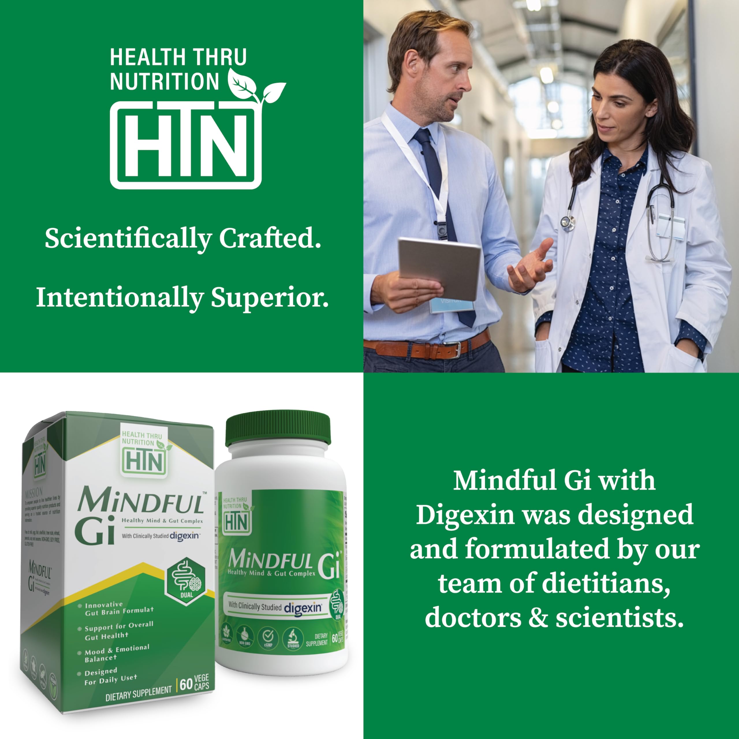 Health Thru Nutrition Mindful GI gráfico de ingredientes y beneficios digestivos.