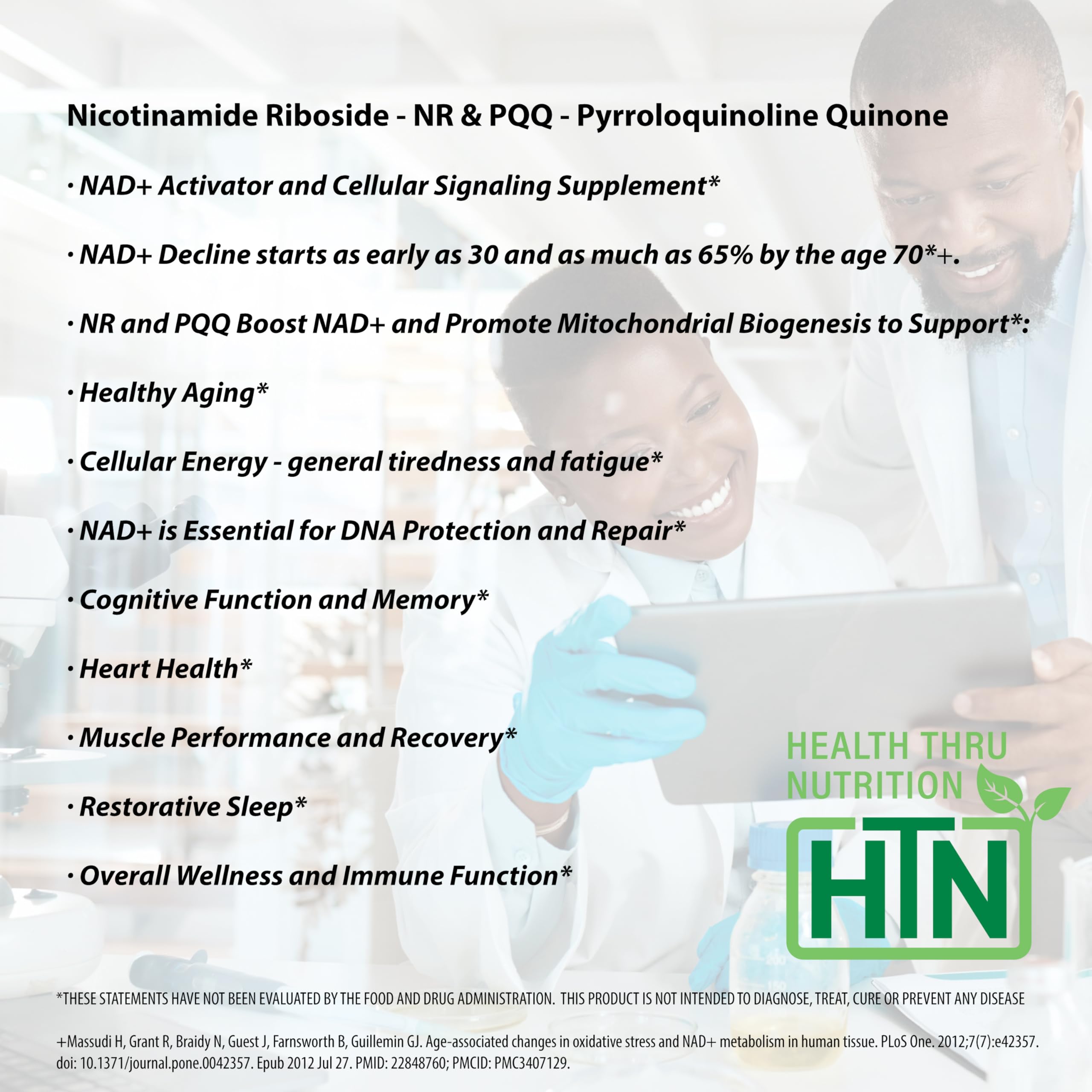 Health Thru Nutrition NAD Activator, detalle de etiqueta con información clave.