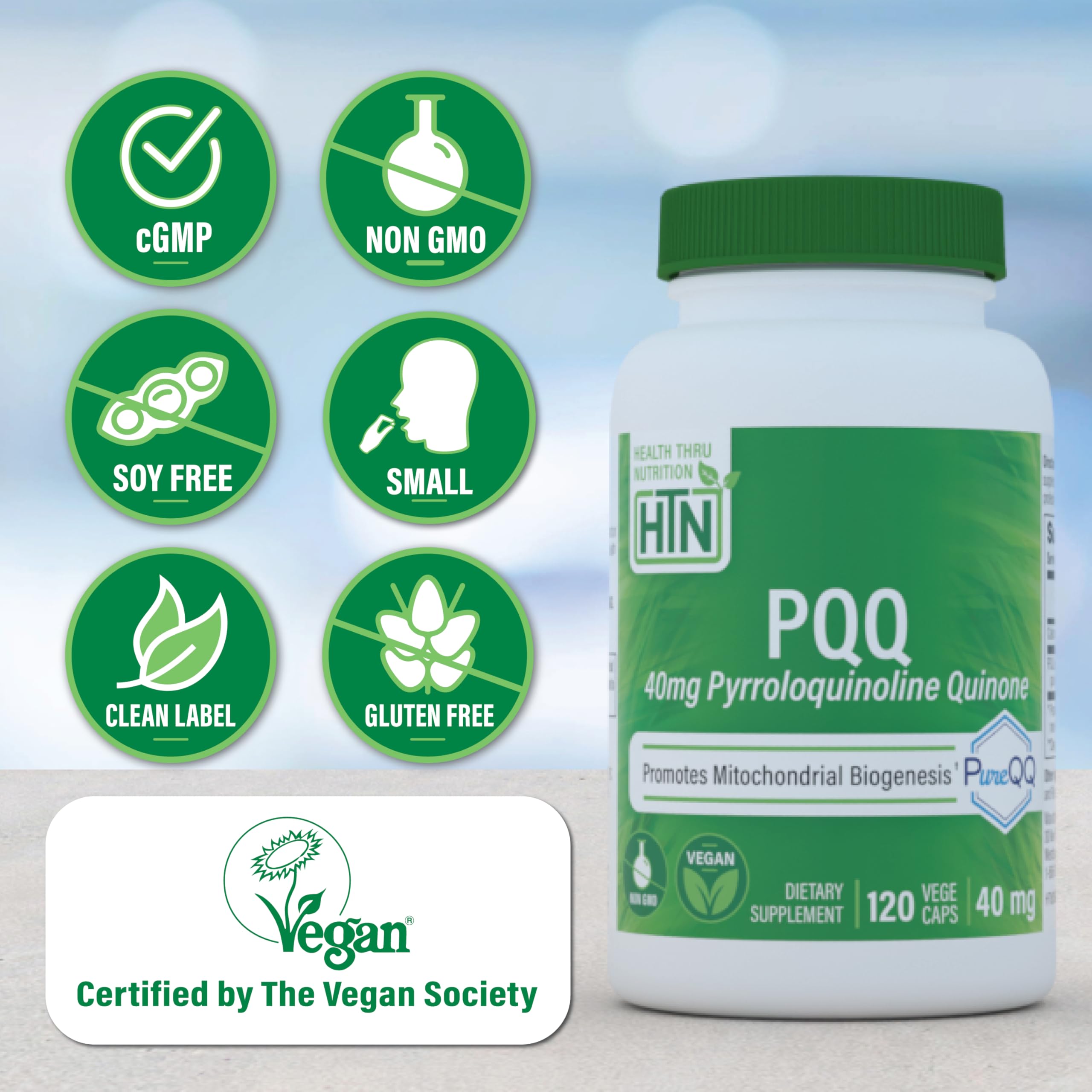 Etiqueta Clean Label Health Thru Nutrition PQQ 40 mg, formulación clara y segura.