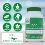 Etiqueta Clean Label Health Thru Nutrition PQQ 40 mg, formulación clara y segura.