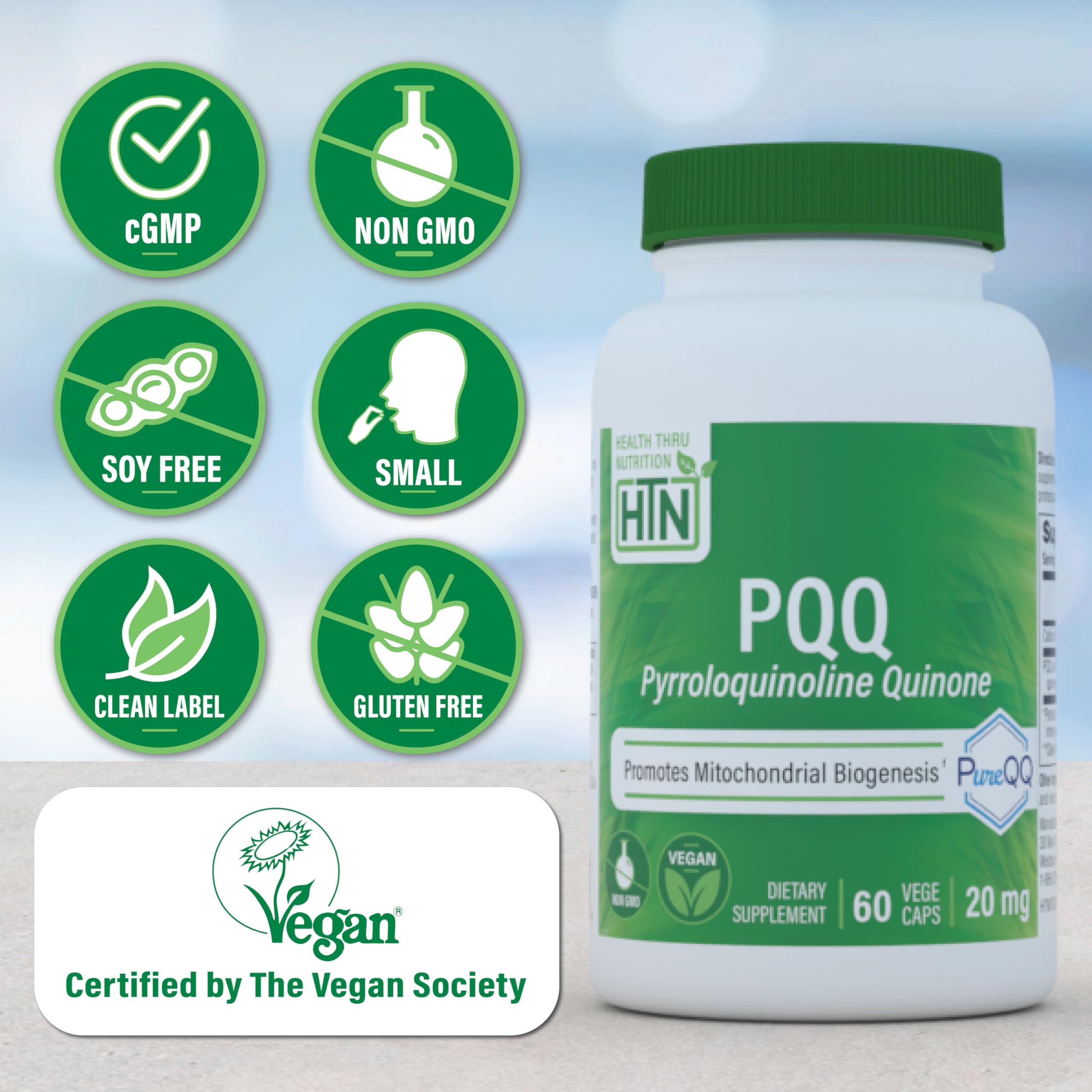 Etiqueta limpia Health Thru Nutrition PQQ libre de gluten y soja.