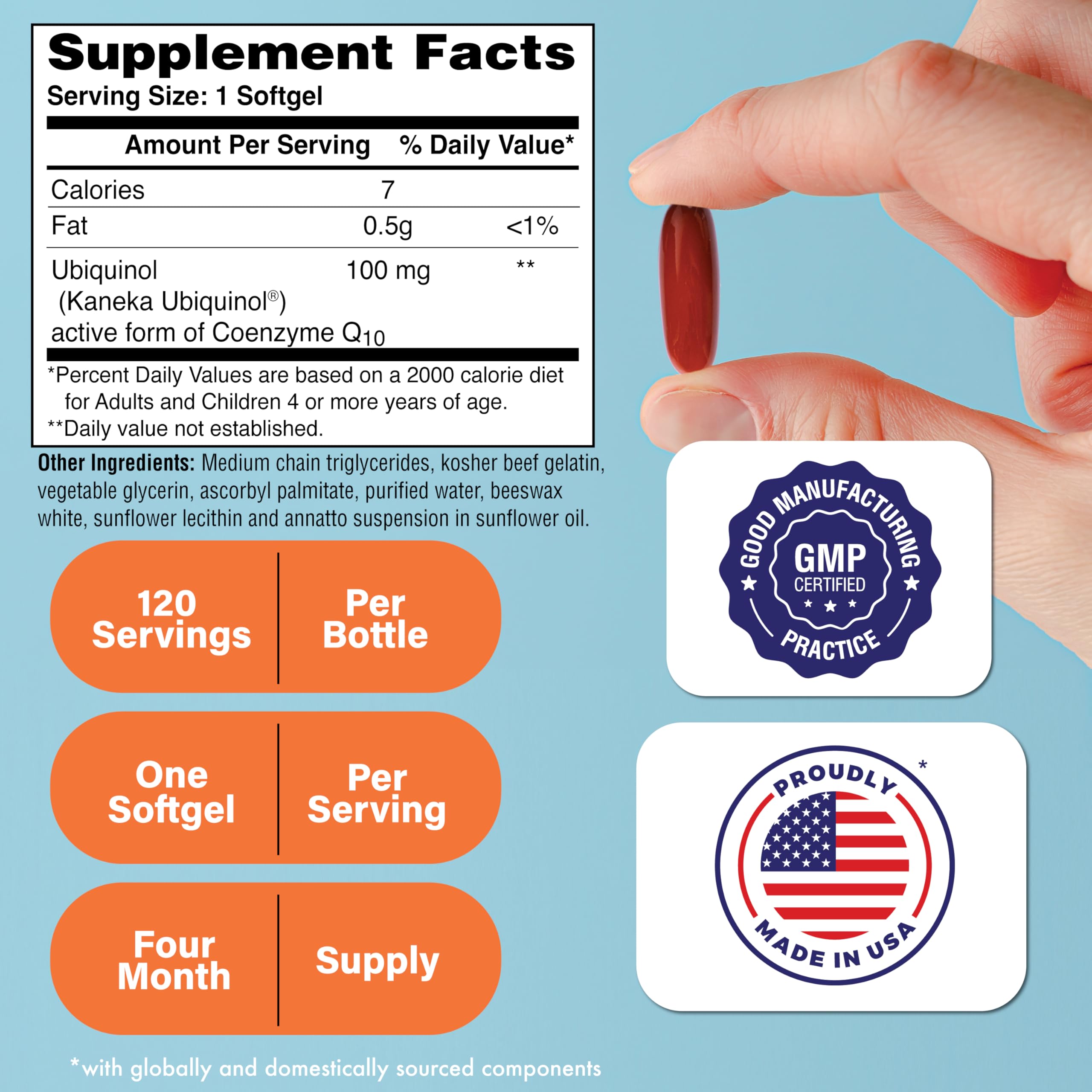 Etiqueta frontal Health Thru Nutrition Ubiquinol, identificación clara de calidad