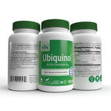 Envase de Health Thru Nutrition Ubiquinol con cápsulas visibles en bote cerrado