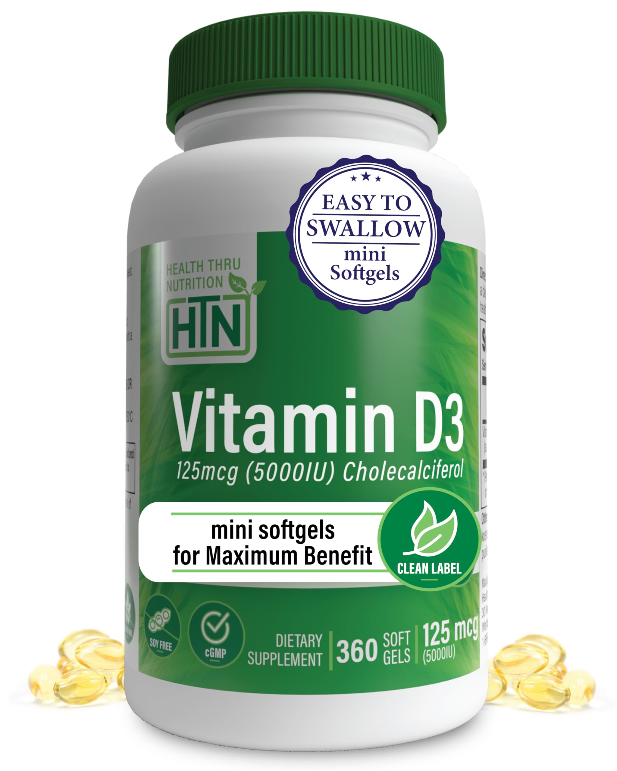 Health Thru Nutrition Vitamina D3 en botella para apoyo inmunitario diario.