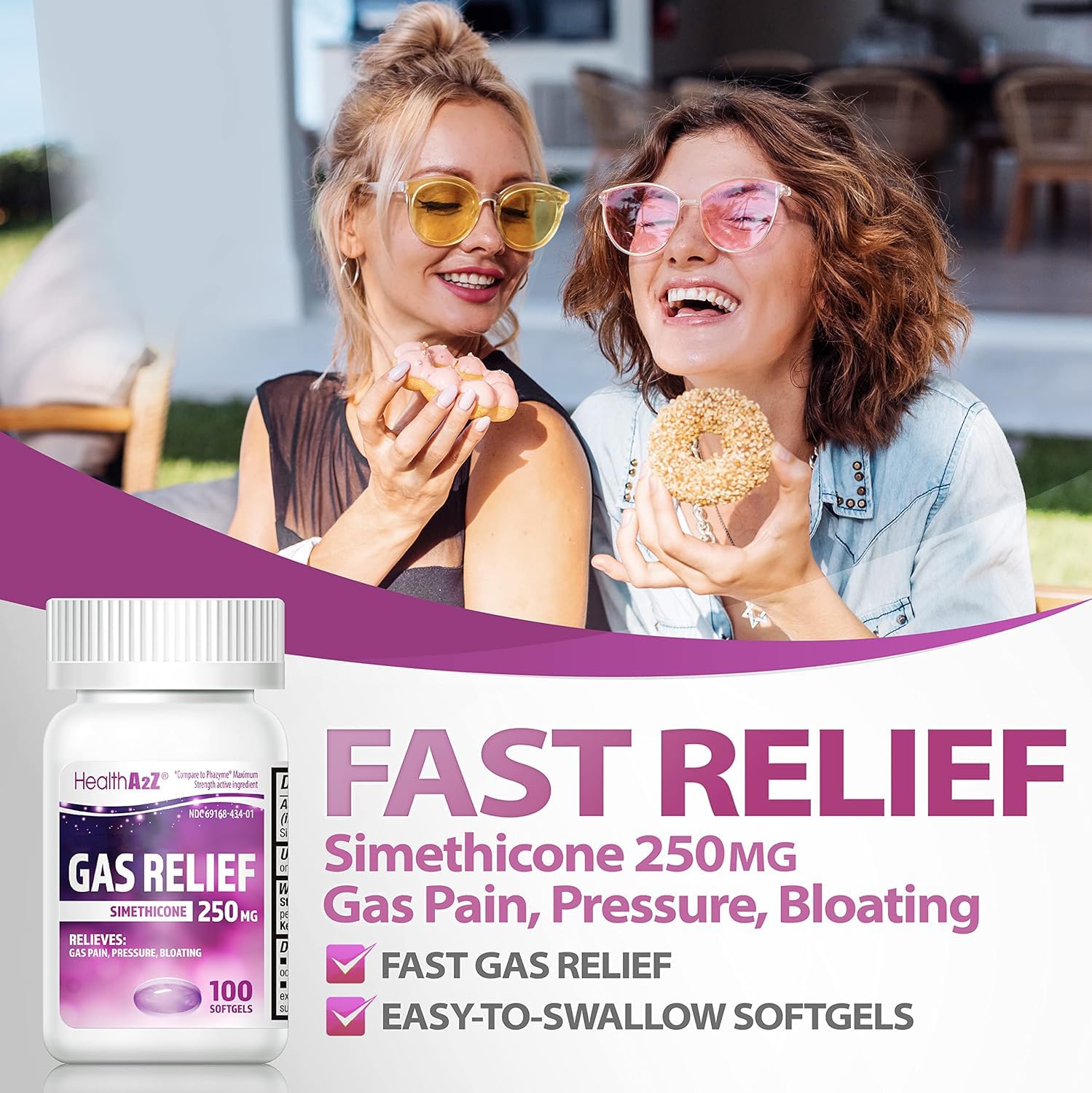 HealthA2Z Gas Relief: cápsulas suaves para alivio de malestares estomacales tras comidas.