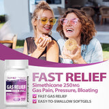 HealthA2Z Gas Relief: cápsulas suaves para alivio de malestares estomacales tras comidas.