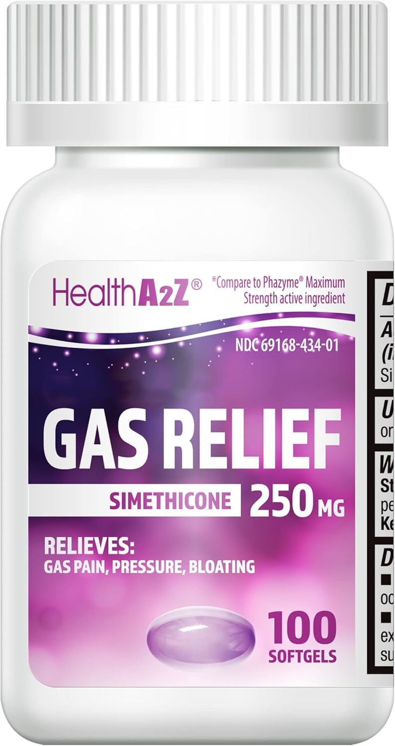 HealthA2Z Gas Relief: frasco de cápsulas blandas para alivio rápido de gases.