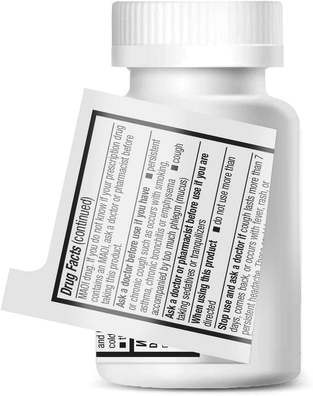 HealthA2Z Alivio Moco DM, etiqueta informativa con dosis recomendadas y seguridad.