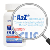 HealthA2Z Alivio de Mocos, etiqueta legible con ingredientes y dosis.