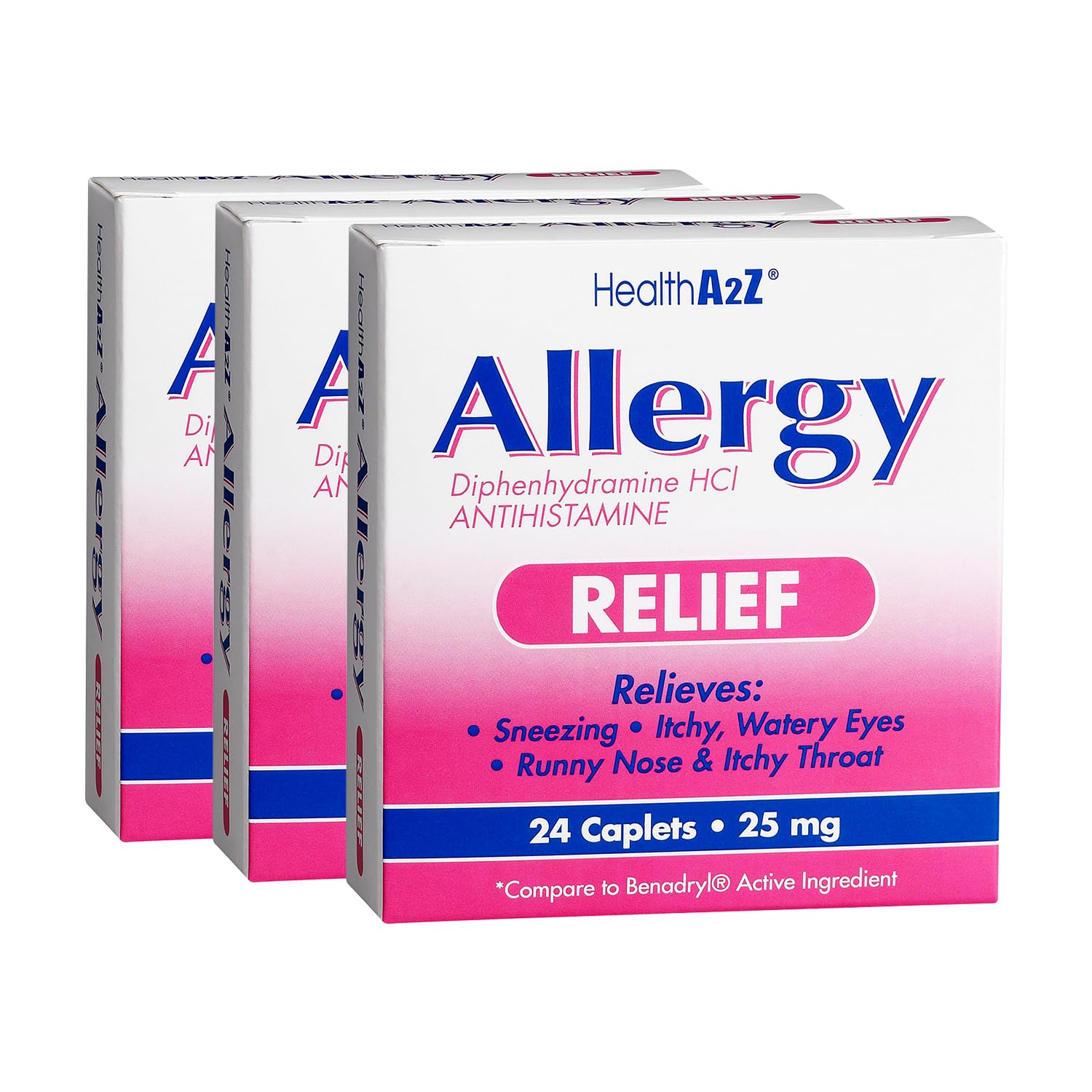 HealthA2Z Allergy Relief caplets en frasco de 24, ideal para estornudos puntuales