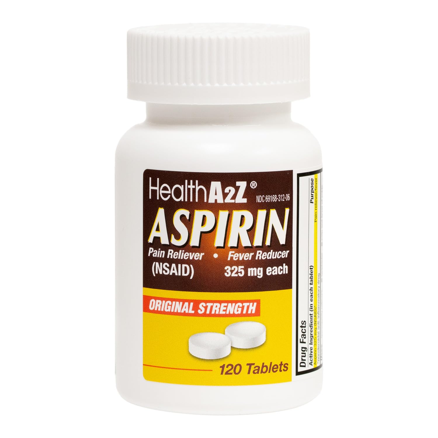 HealthA2Z Aspirina 325 mg, frente con tabletas sin recubrimiento, alivio temporal del dolor.