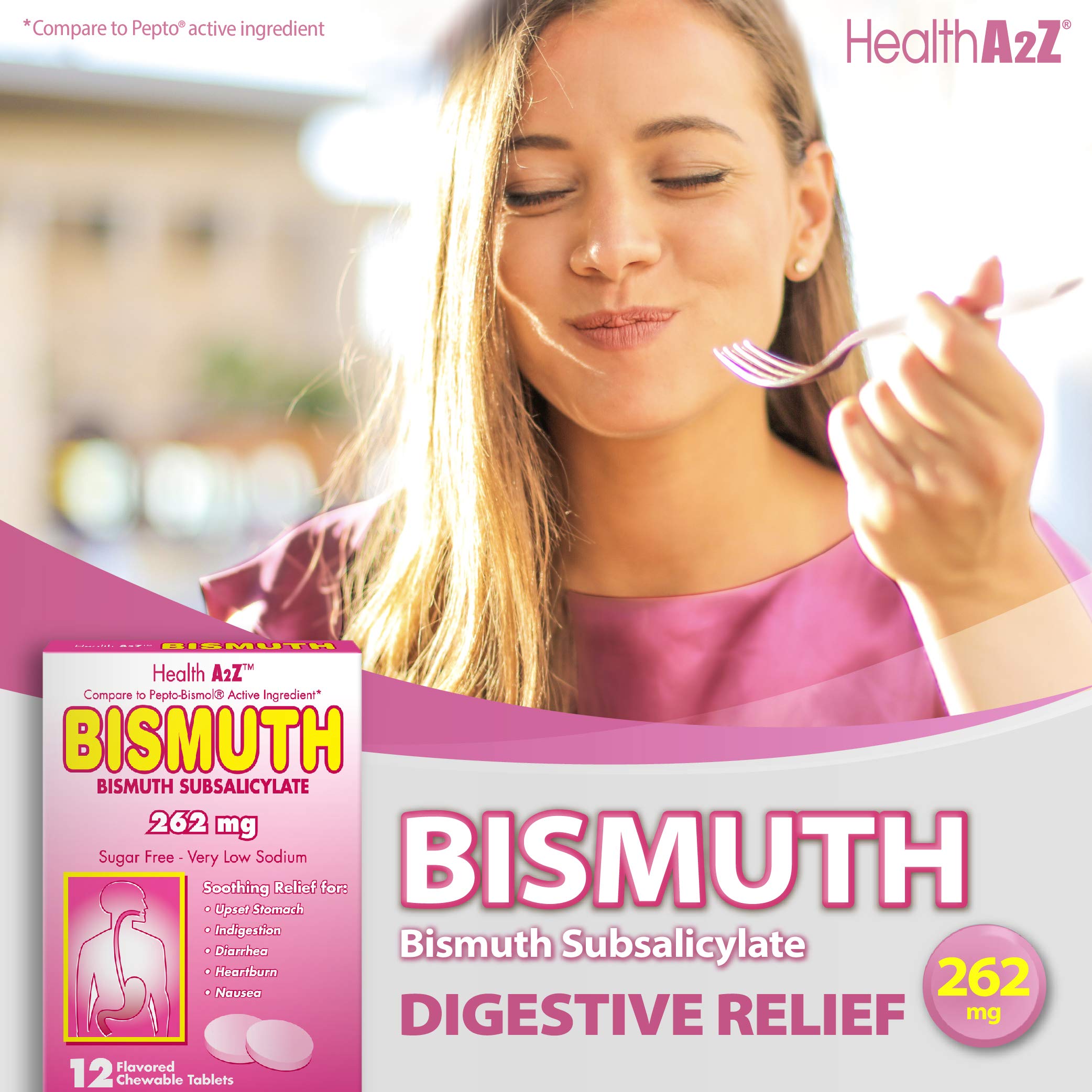 HealthA2Z Bismuto, dosis-262mg, tableta masticable para molestias digestivas.
