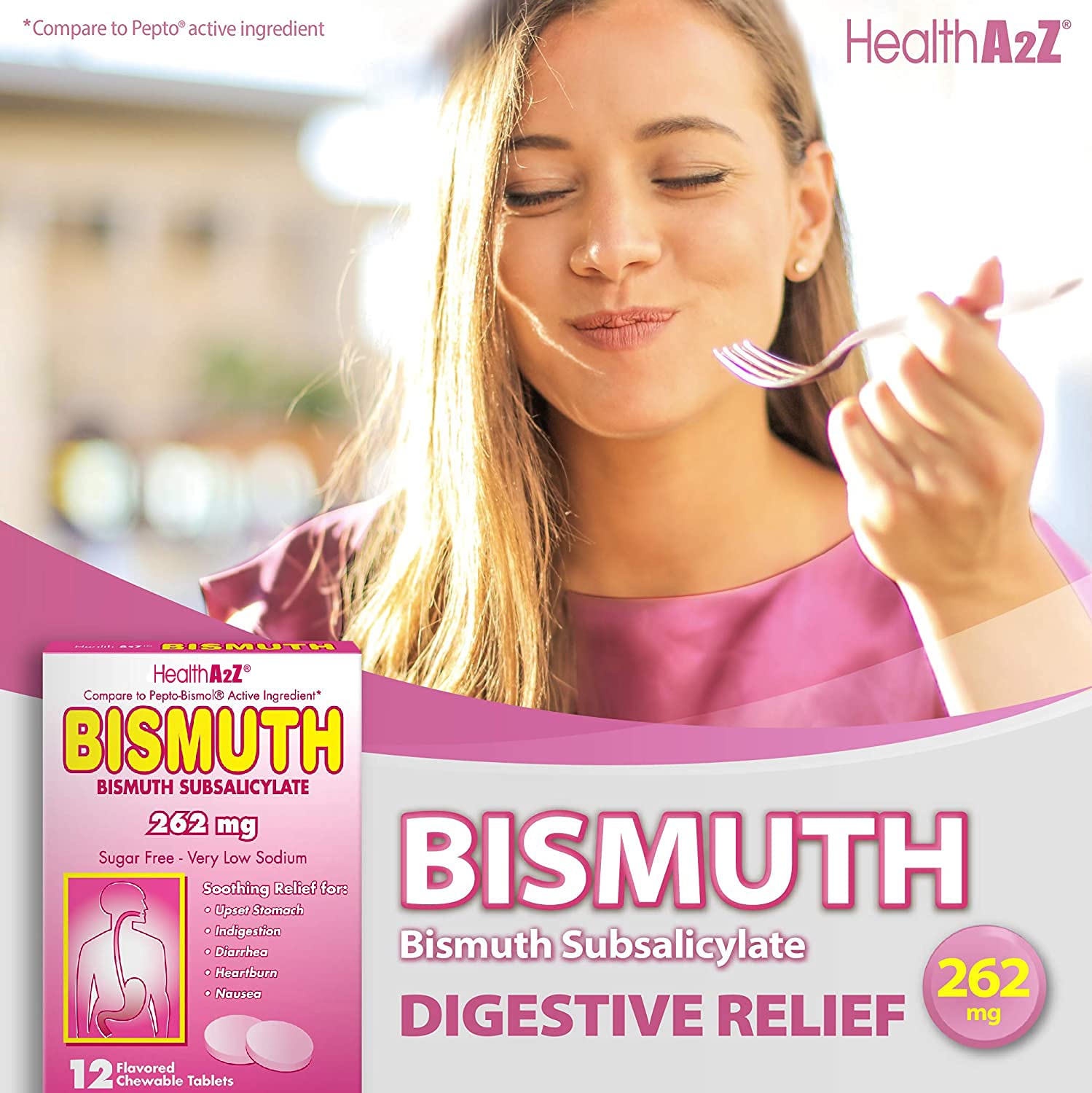 HealthA2Z Bismuto: tabletas en bolsa para acceso rápido durante el día.