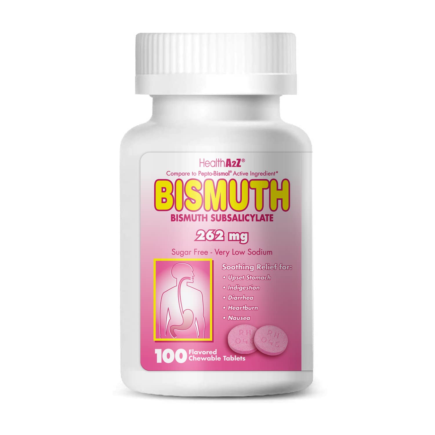 HealthA2Z Bismuth tabletas masticables en blíster para alivio digestivo.