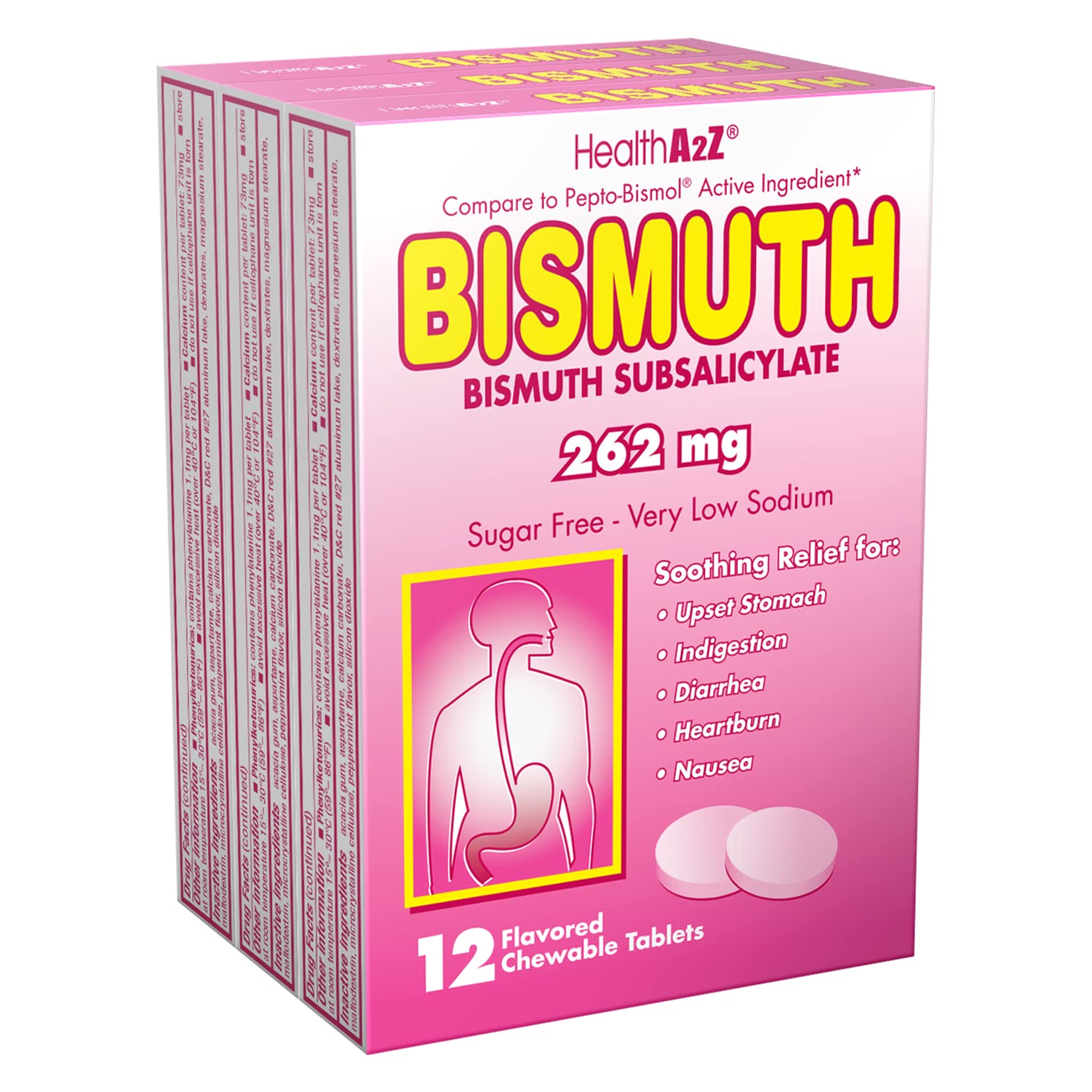 HealthA2Z Bismuto, tabletas-masticables, alivio digestivo posible para molestias múltiples.