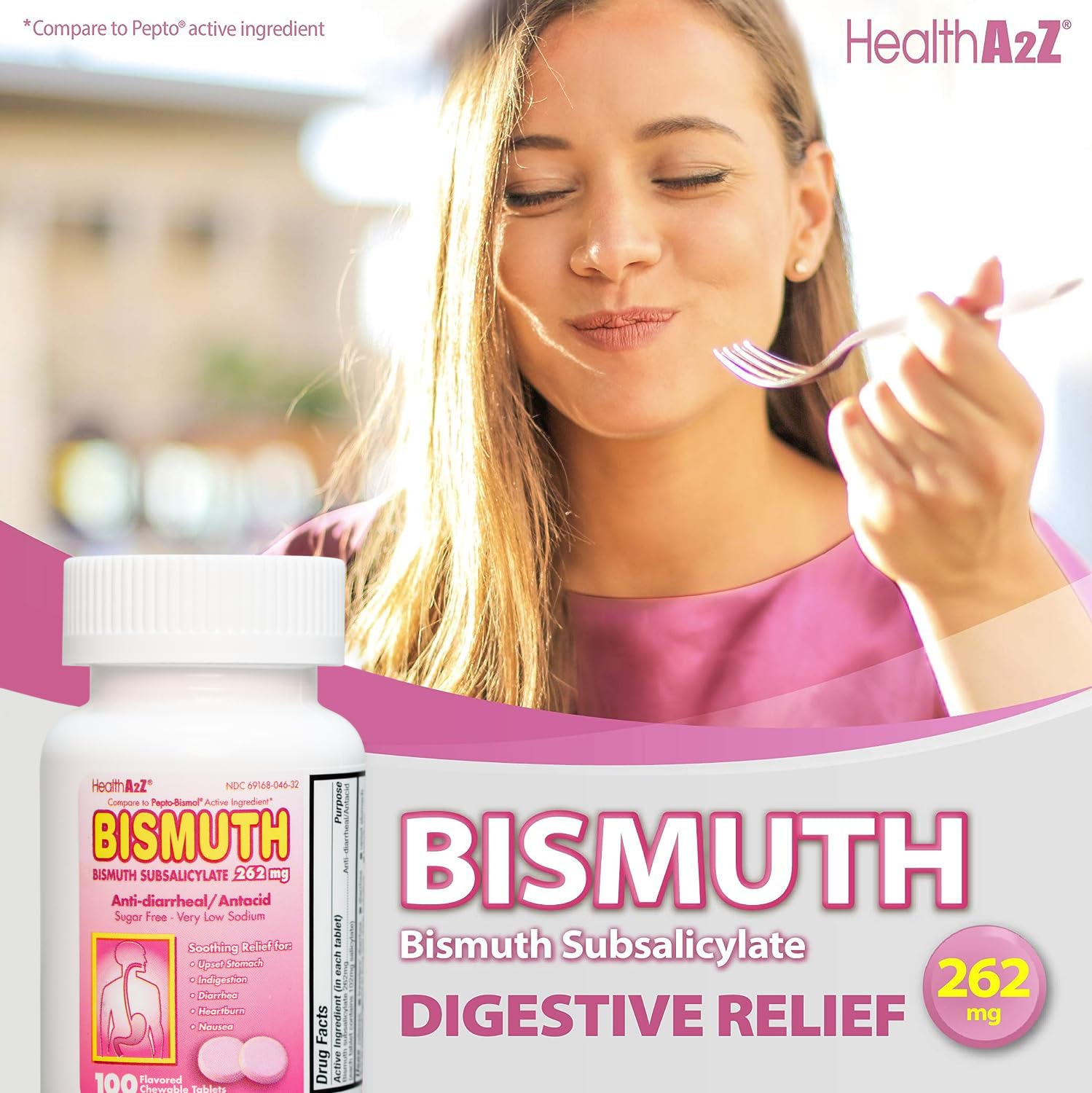 HealthA2Z Bismuth uso diario para malestares estomacales.