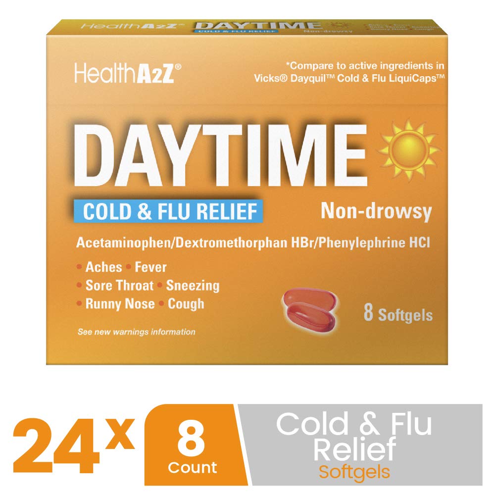 HealthA2Z Daytime: cápsulas en primer plano para alivio multisíntomas.