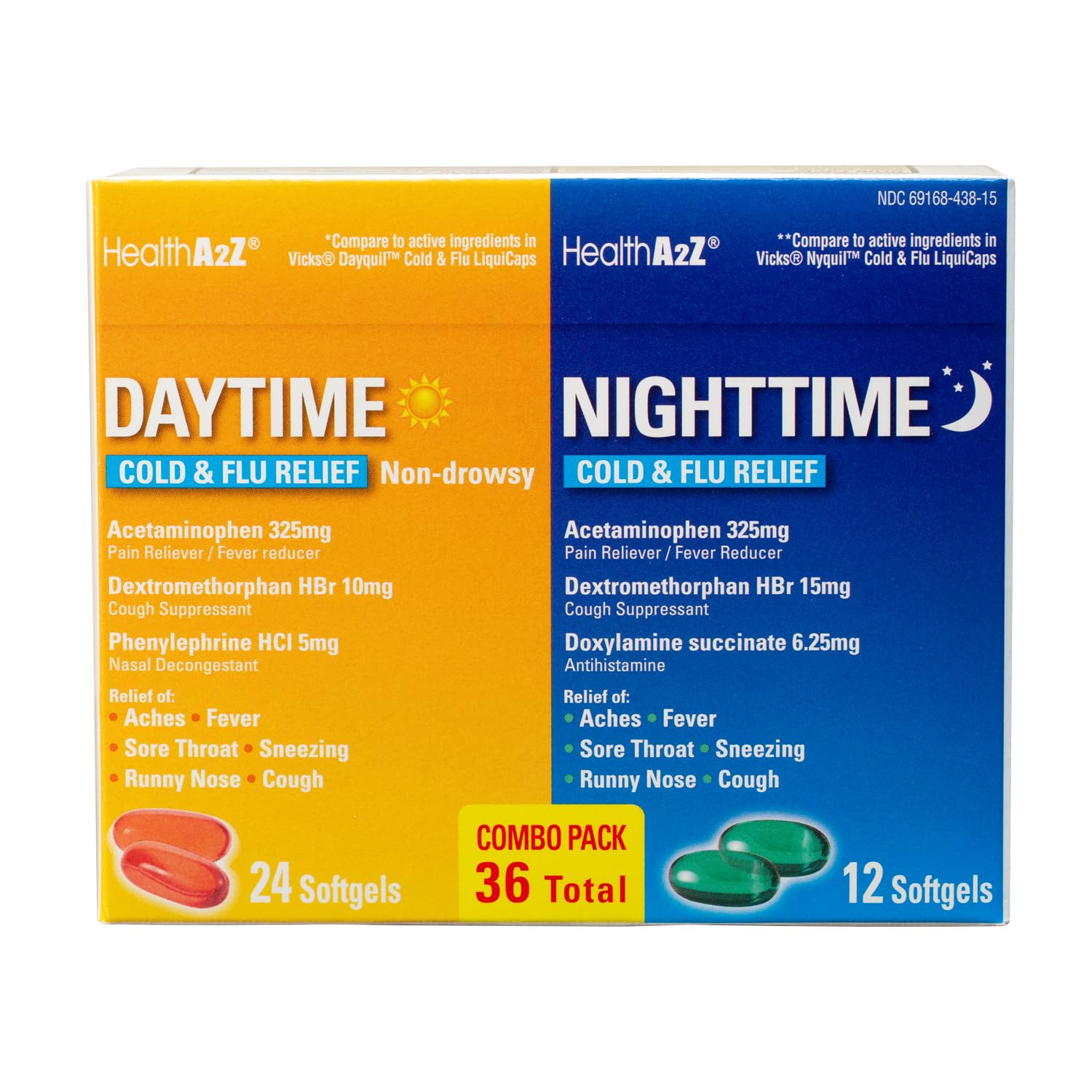 HealthA2Z Día-Noche empaque-caja, práctico para combinar alivio multisíntomas durante el día.