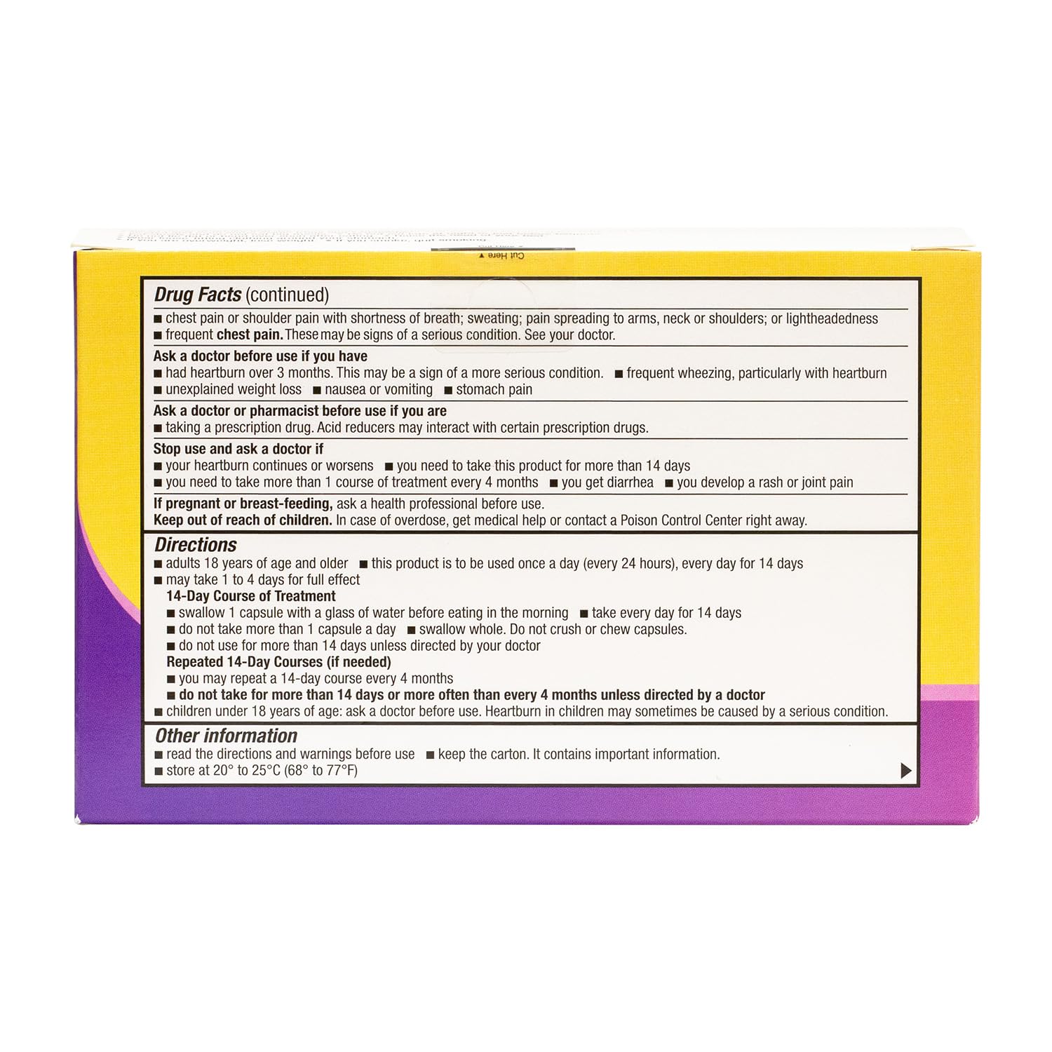 Etiqueta de HealthA2Z Esomeprazol 20 mg con dosis recomendada en etiqueta.