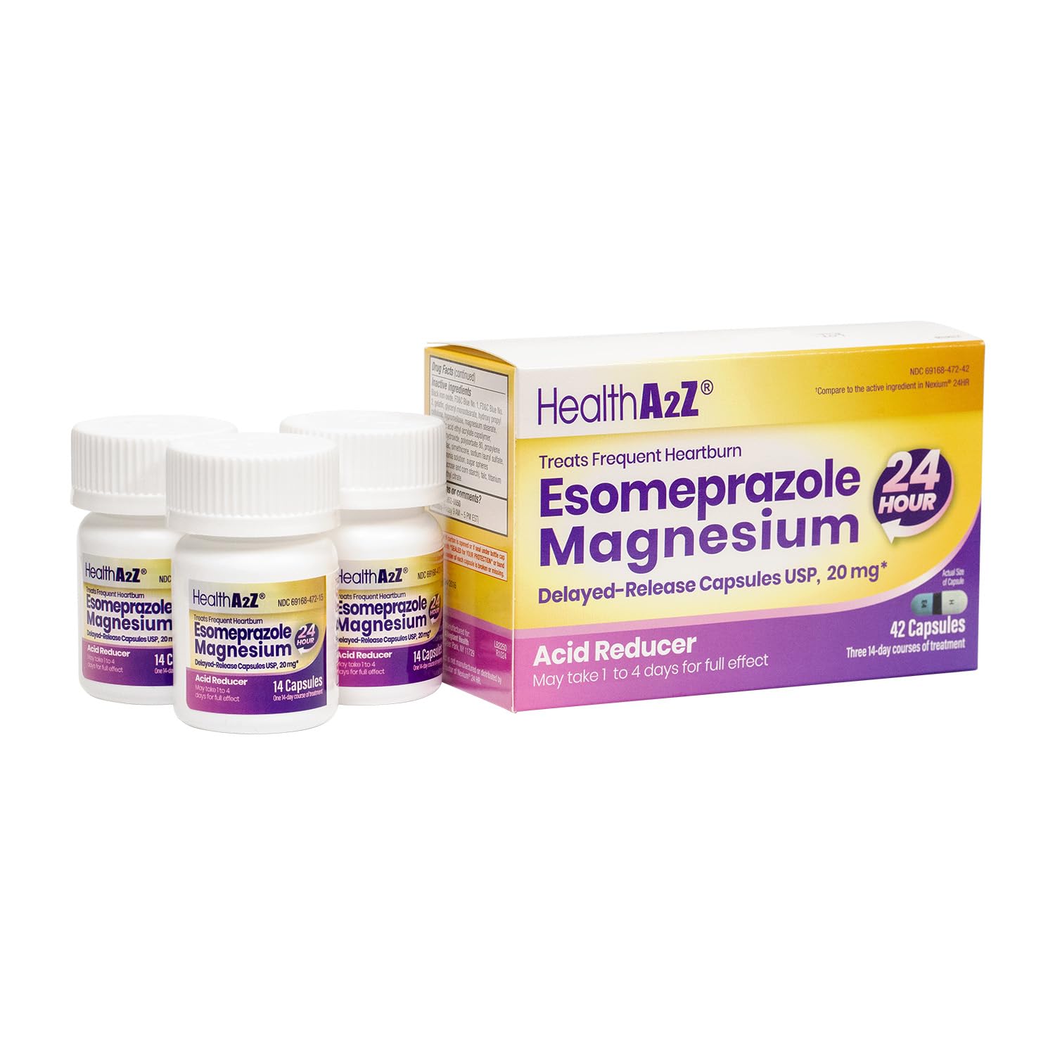 HealthA2Z Esomeprazol 20 mg en caja para uso diario de la acidez estomacal.