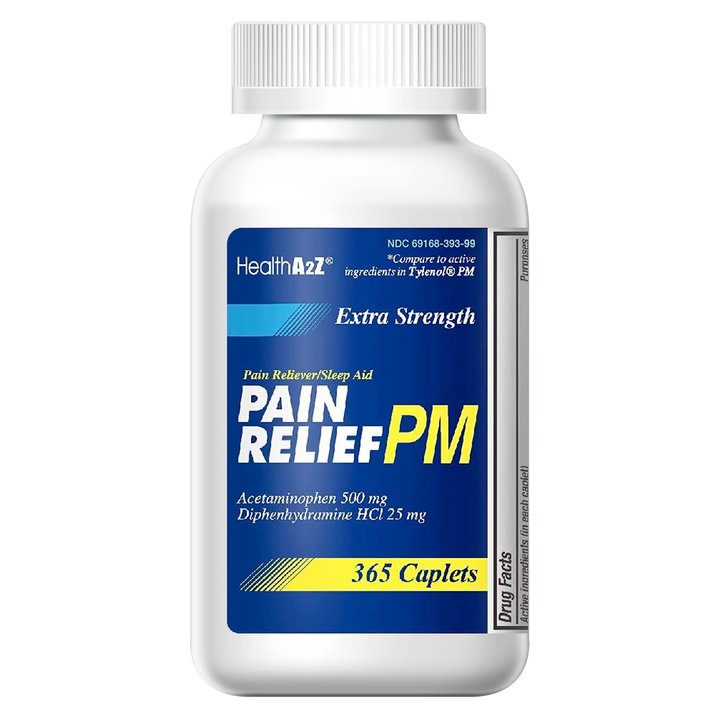 HealthA2Z Extra Strength Pain Relief PM, botella visible para uso nocturno cómodo.