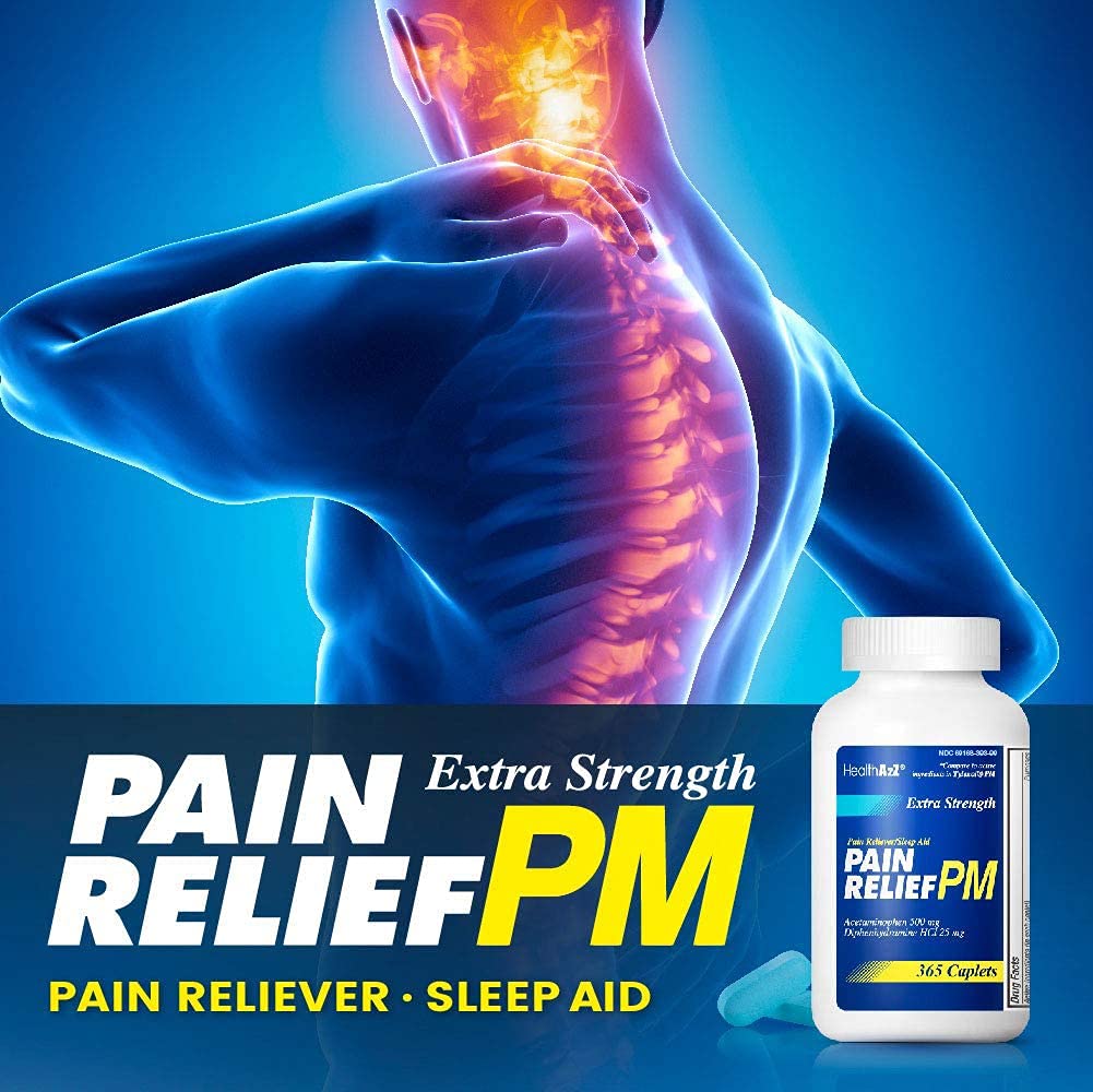 HealthA2Z Extra Strength Pain Relief PM, dosis numéricas para uso nocturno.